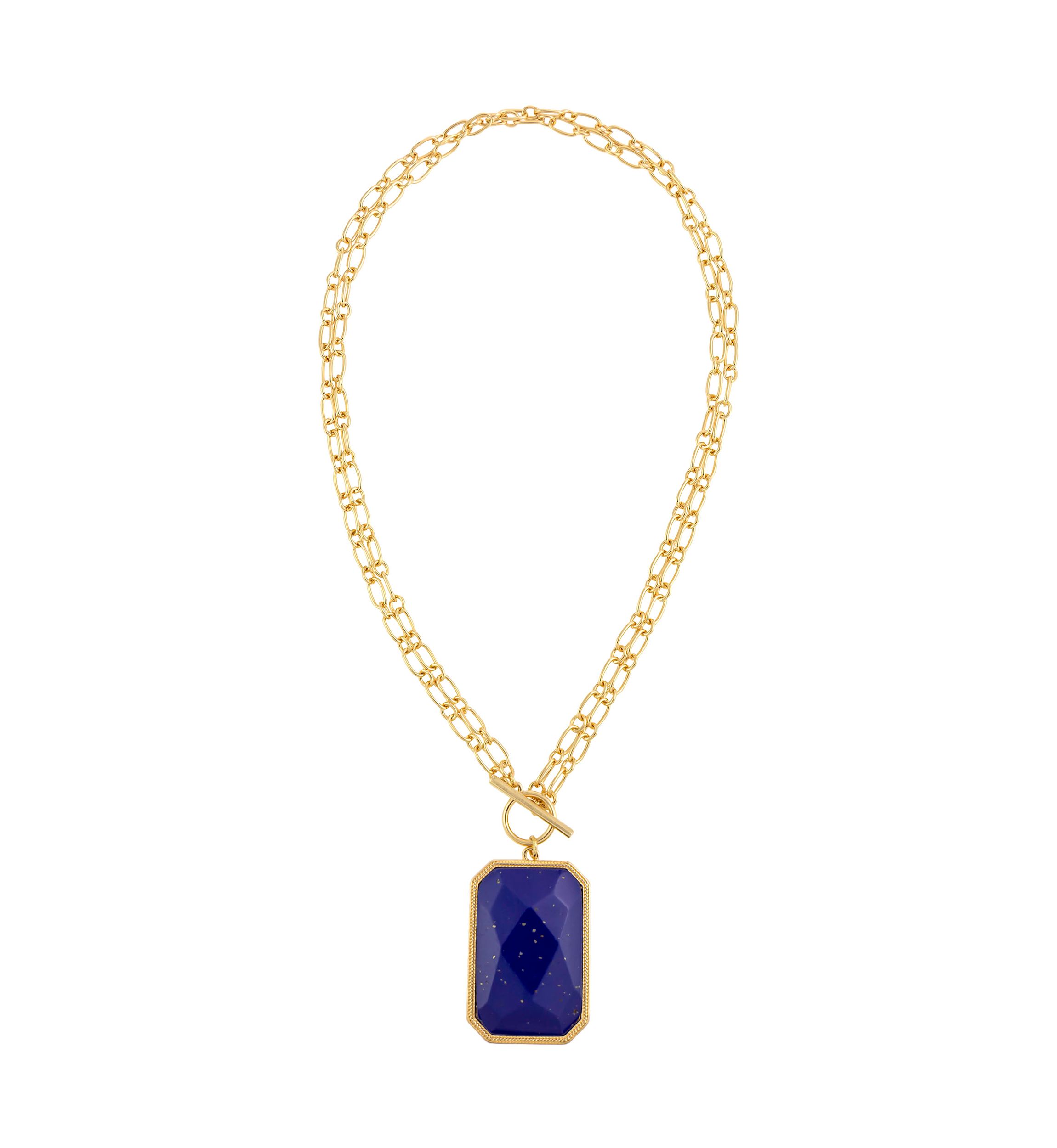 Gold Tone 18 Double Chain Short Necklace with Faceted Rectangle Blue Stone Pendant and Front Toggle Closure