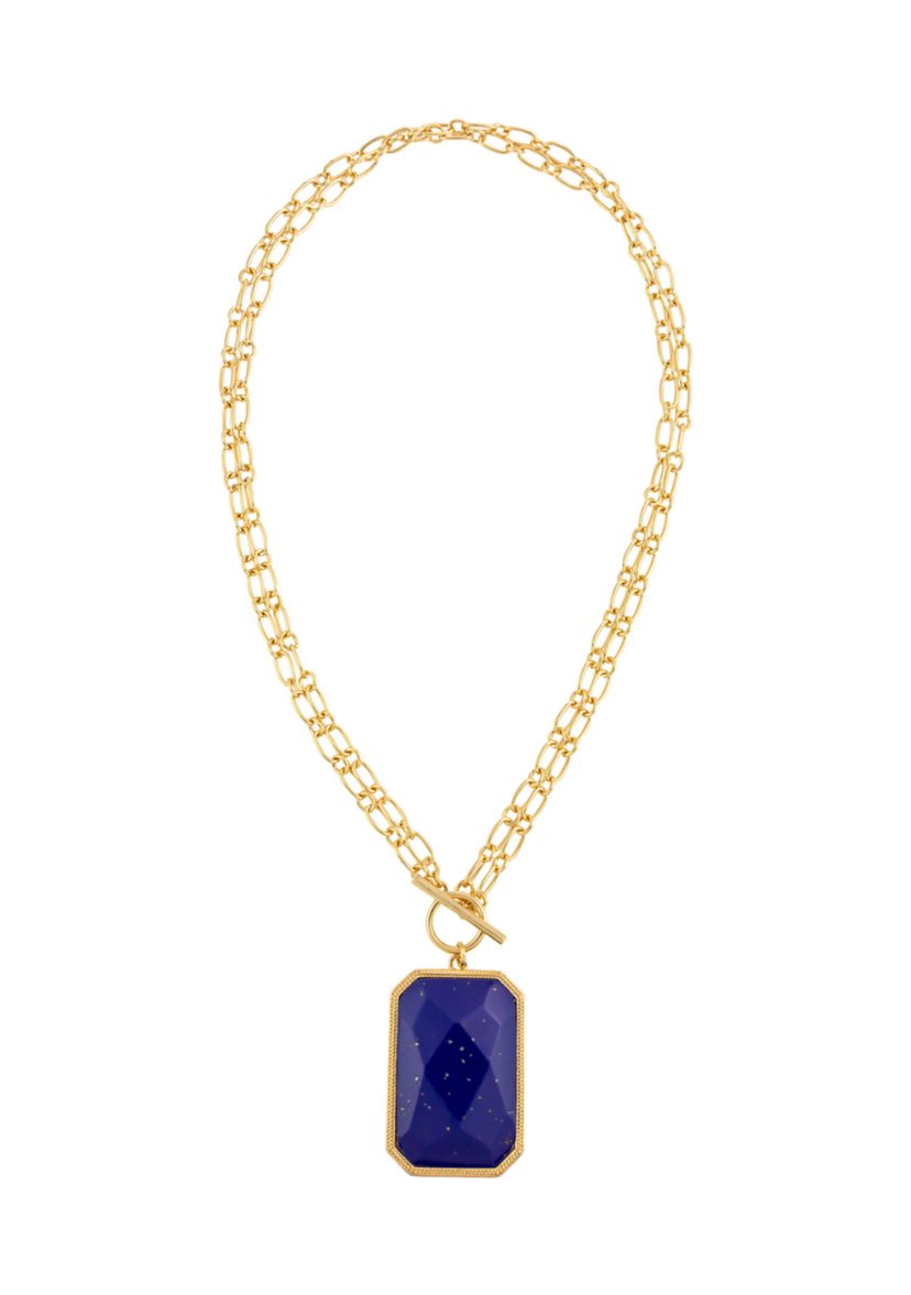 Gold Tone 18 Double Chain Short Necklace with Faceted Rectangle Blue Stone Pendant and Front Toggle Closure