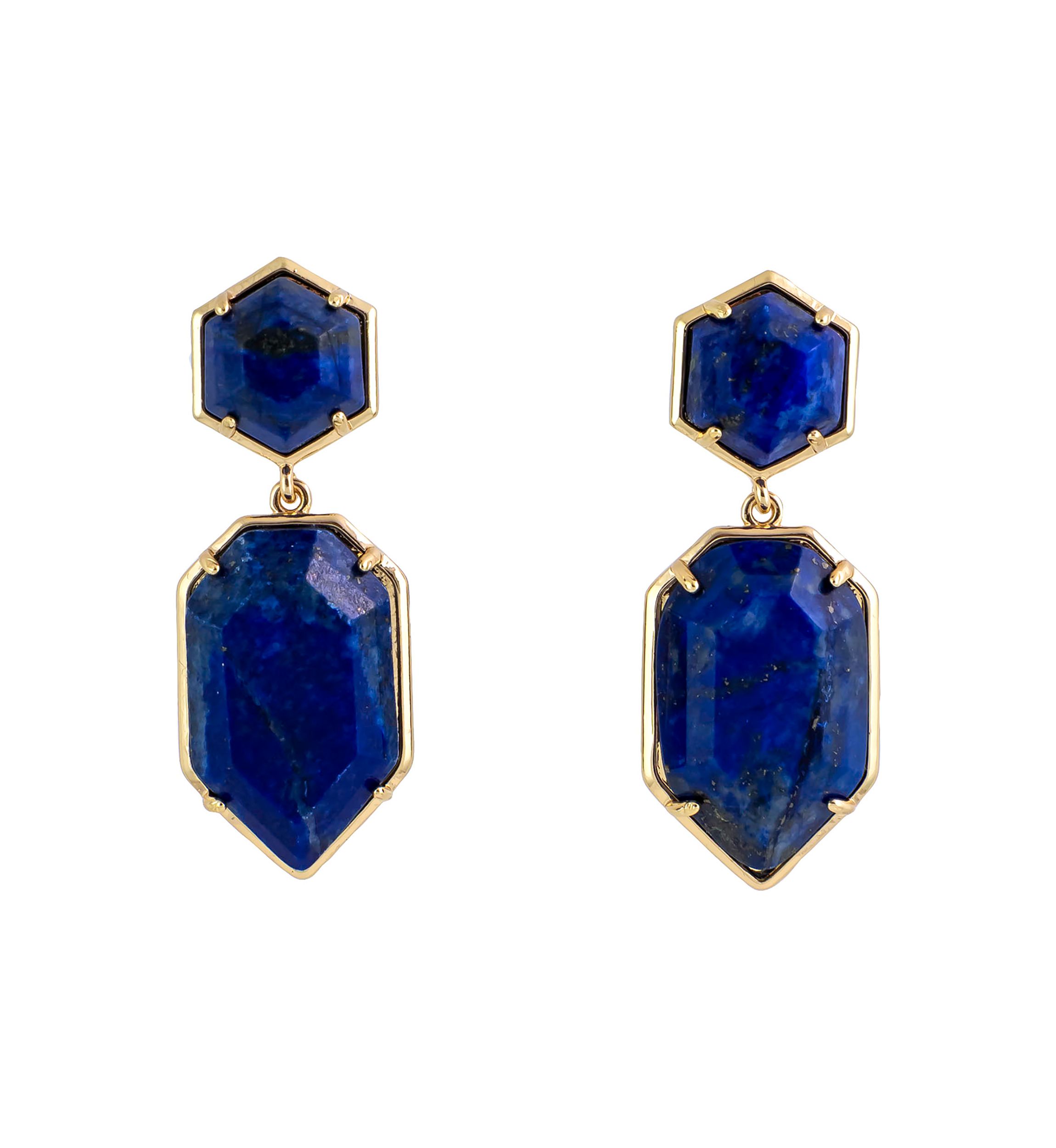 Gold Tone Faceted Blue Stone Post Top Earrings With Blue Faceted Teardrop Drop