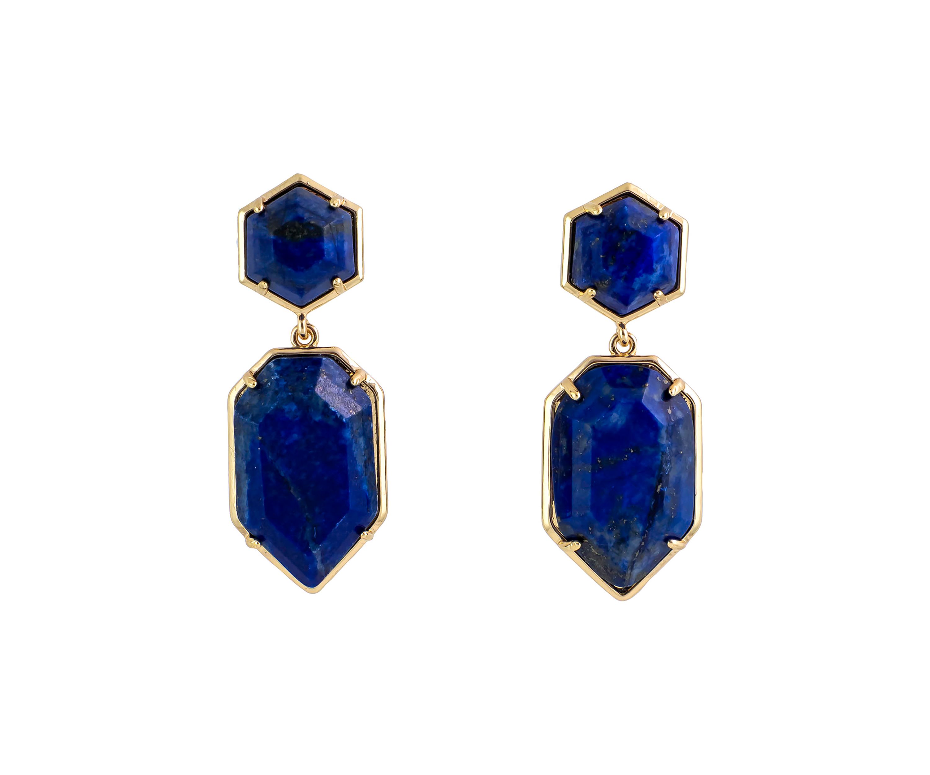 Gold Tone Faceted Blue Stone Post Top Earrings With Blue Faceted Teardrop Drop