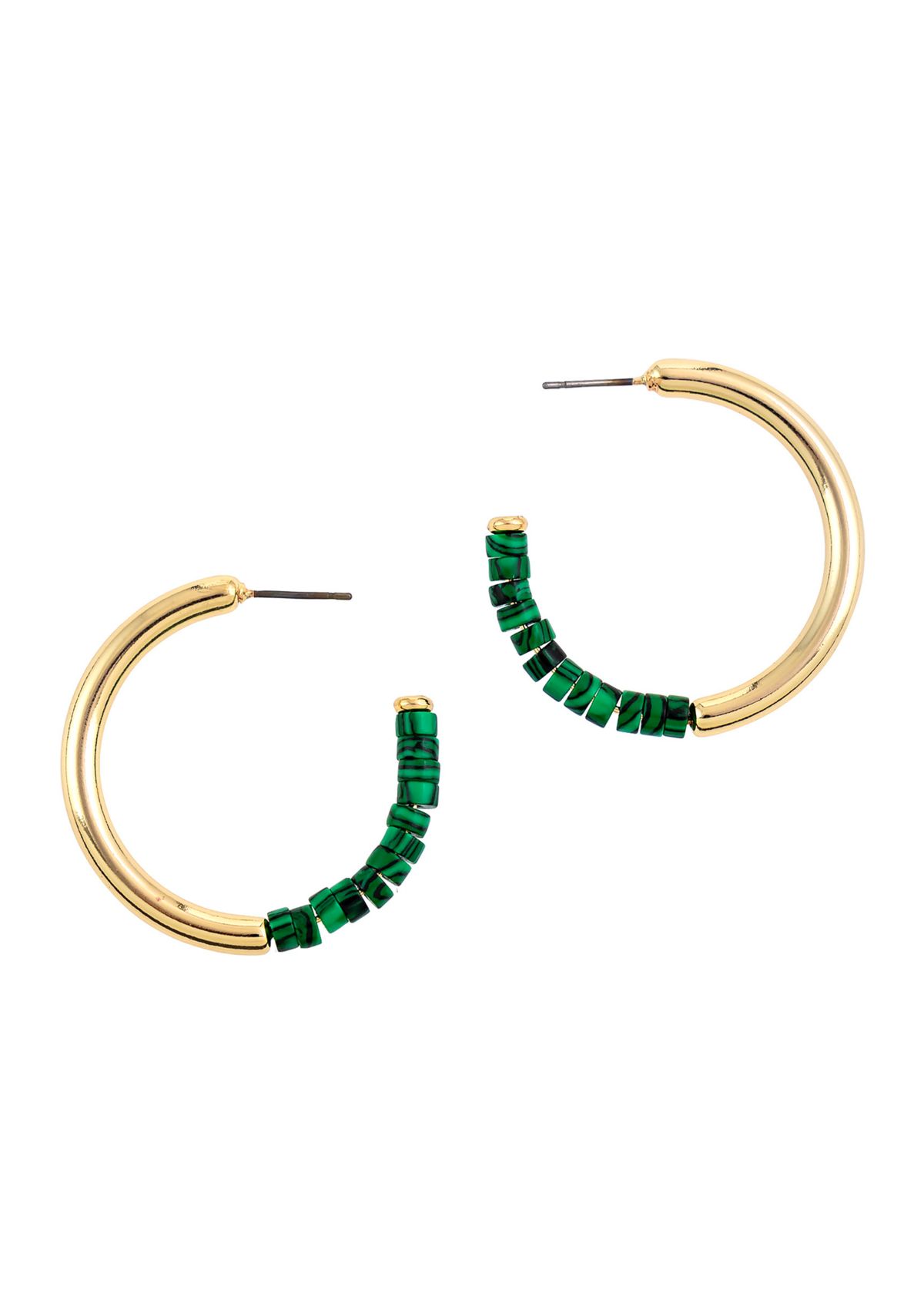Gold Tone Post Hoop with Green Bead Detail