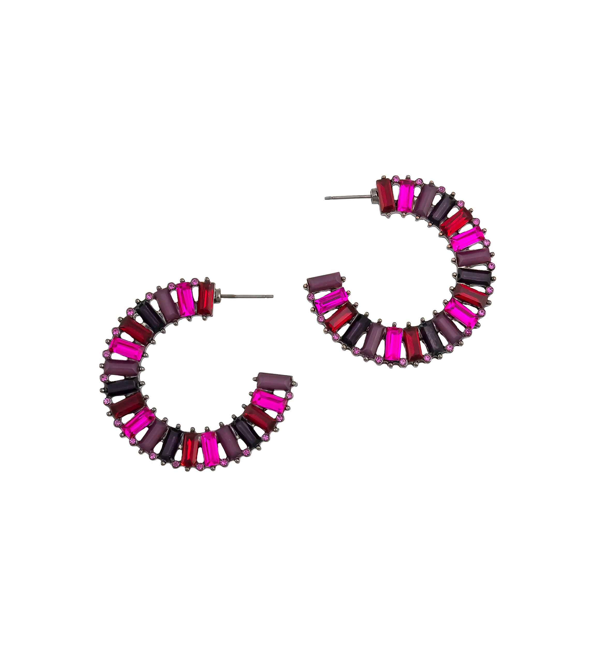 Hematite Tone Fuchsia Multi Stone Post Hoop Earrings