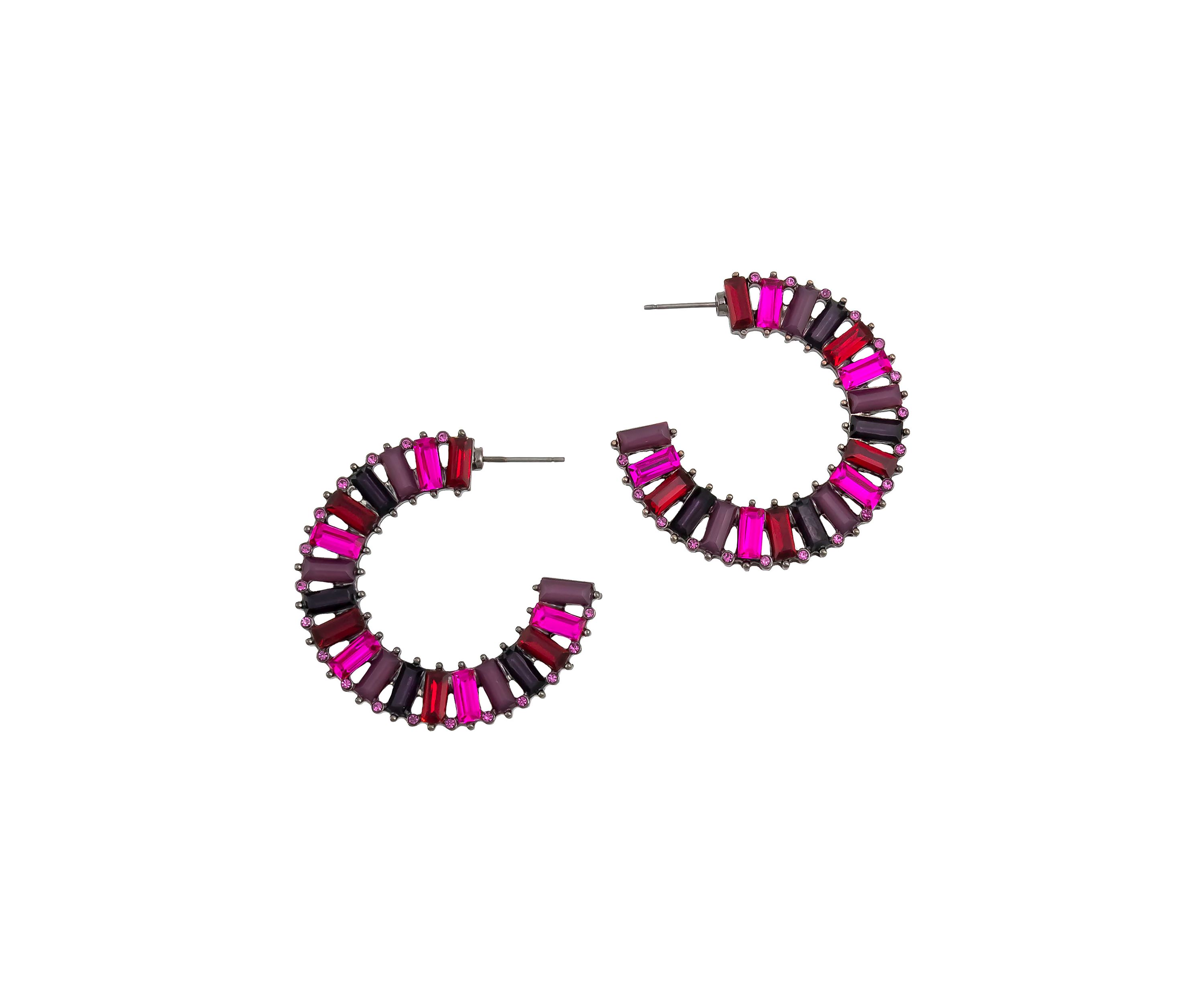 Hematite Tone Fuchsia Multi Stone Post Hoop Earrings