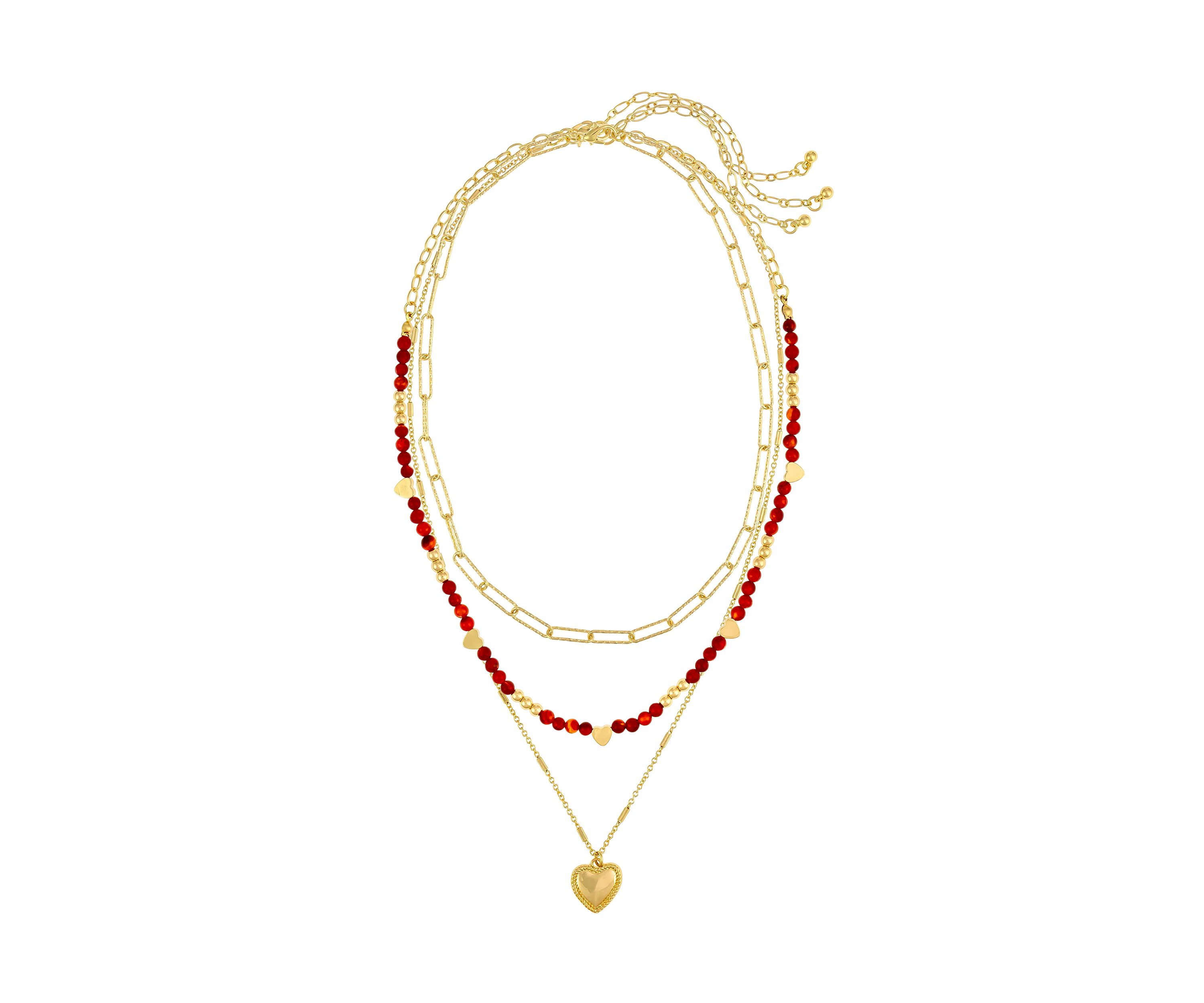Gold Tone Red Beaded Heart Pendant Necklace - Set of 3