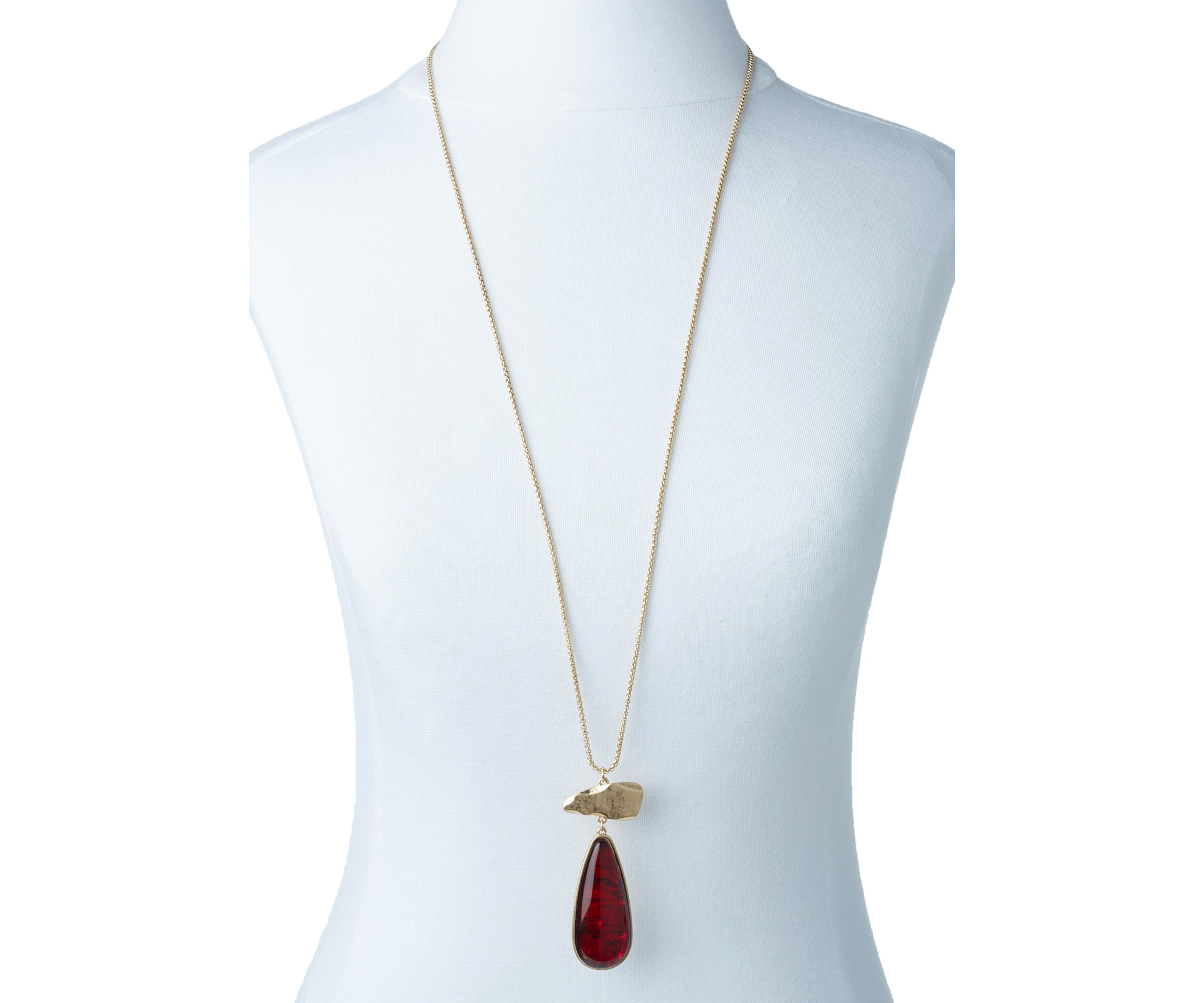 Gold Tone Long Teardrop Stone Pendant Necklace