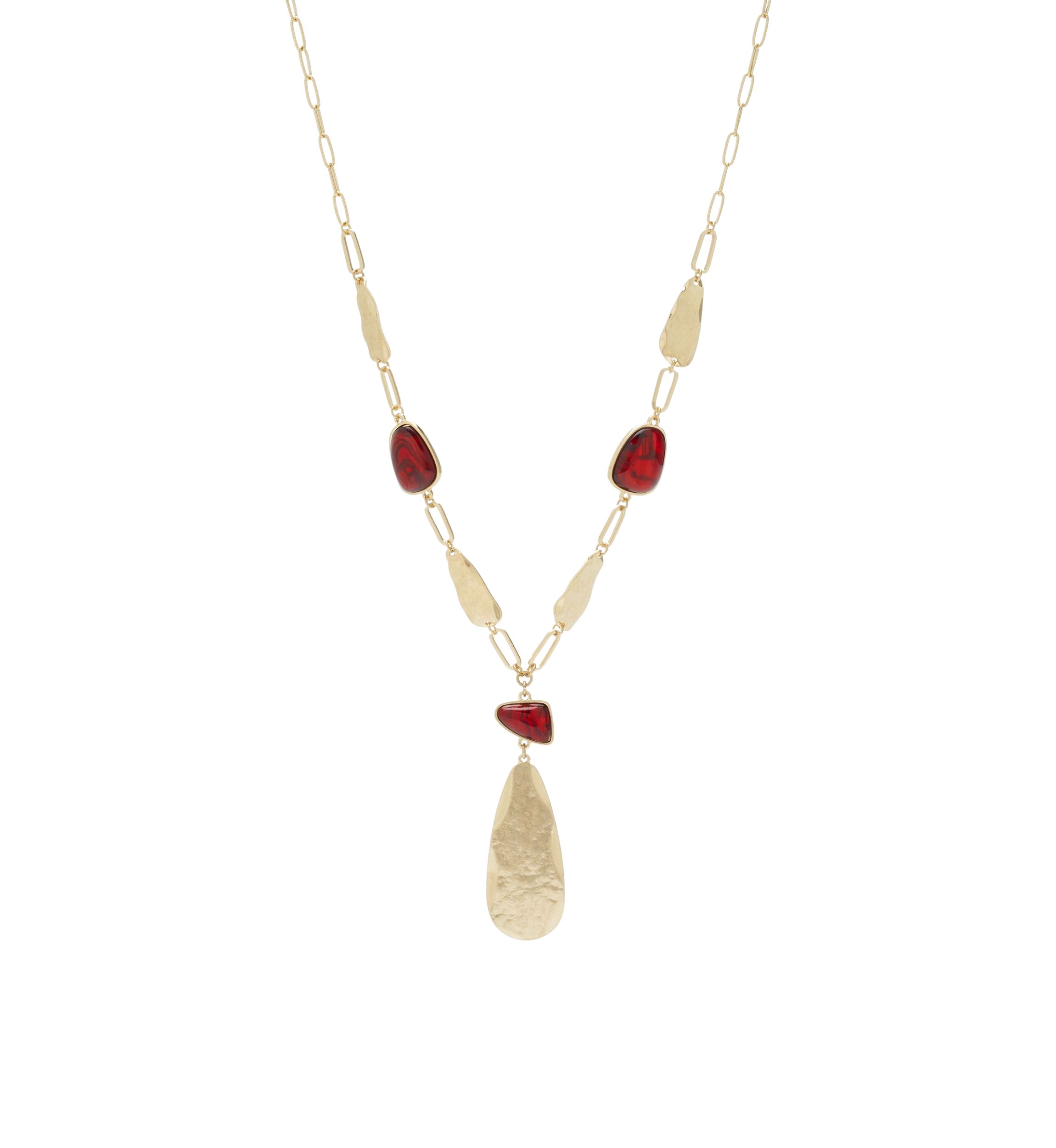 Gold Tone Long Red Stone Y Necklace