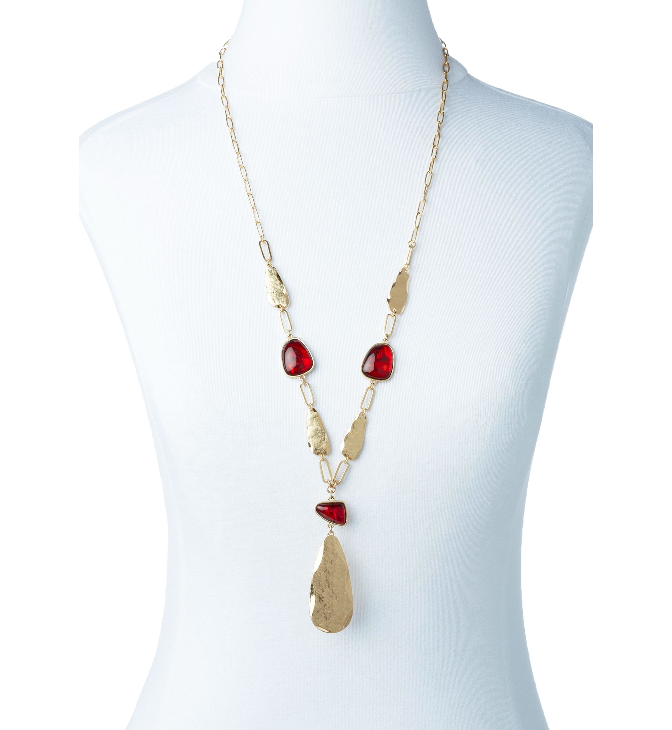 Gold Tone Long Red Stone Y Necklace