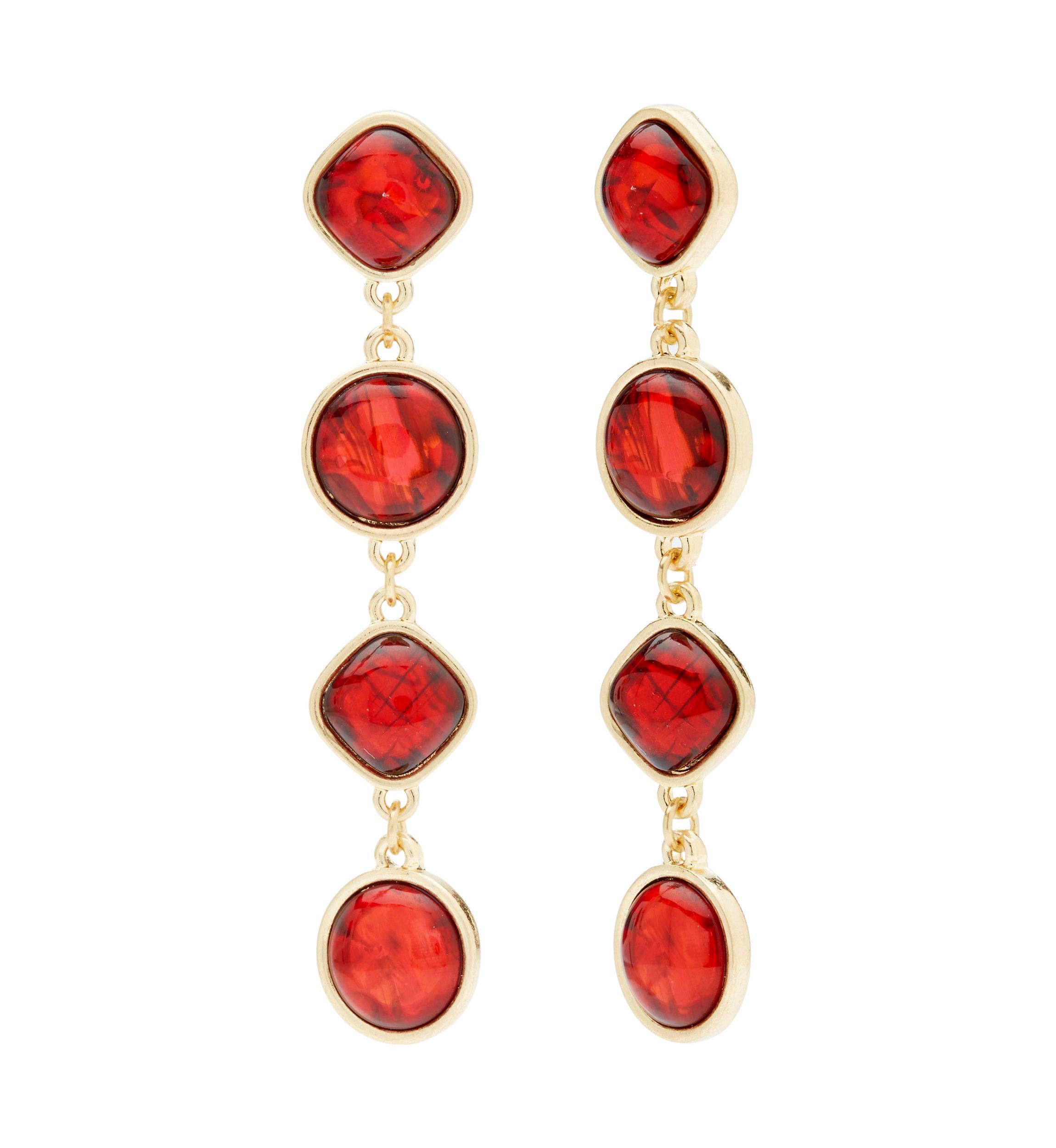 Gold Tone Red Stone Linear Drop Earrings