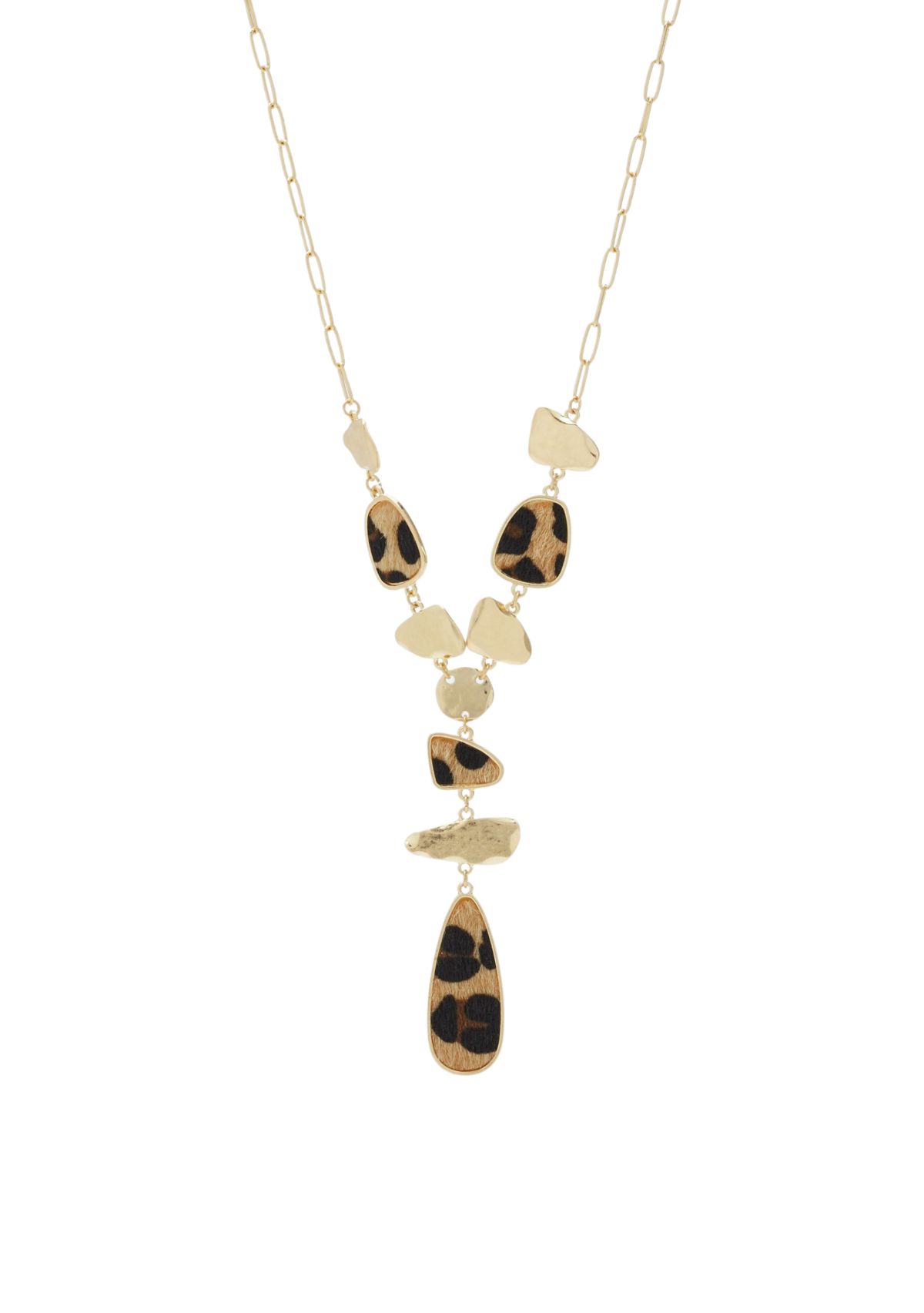 Gold Tone Animal Print Teardrop Y Necklace