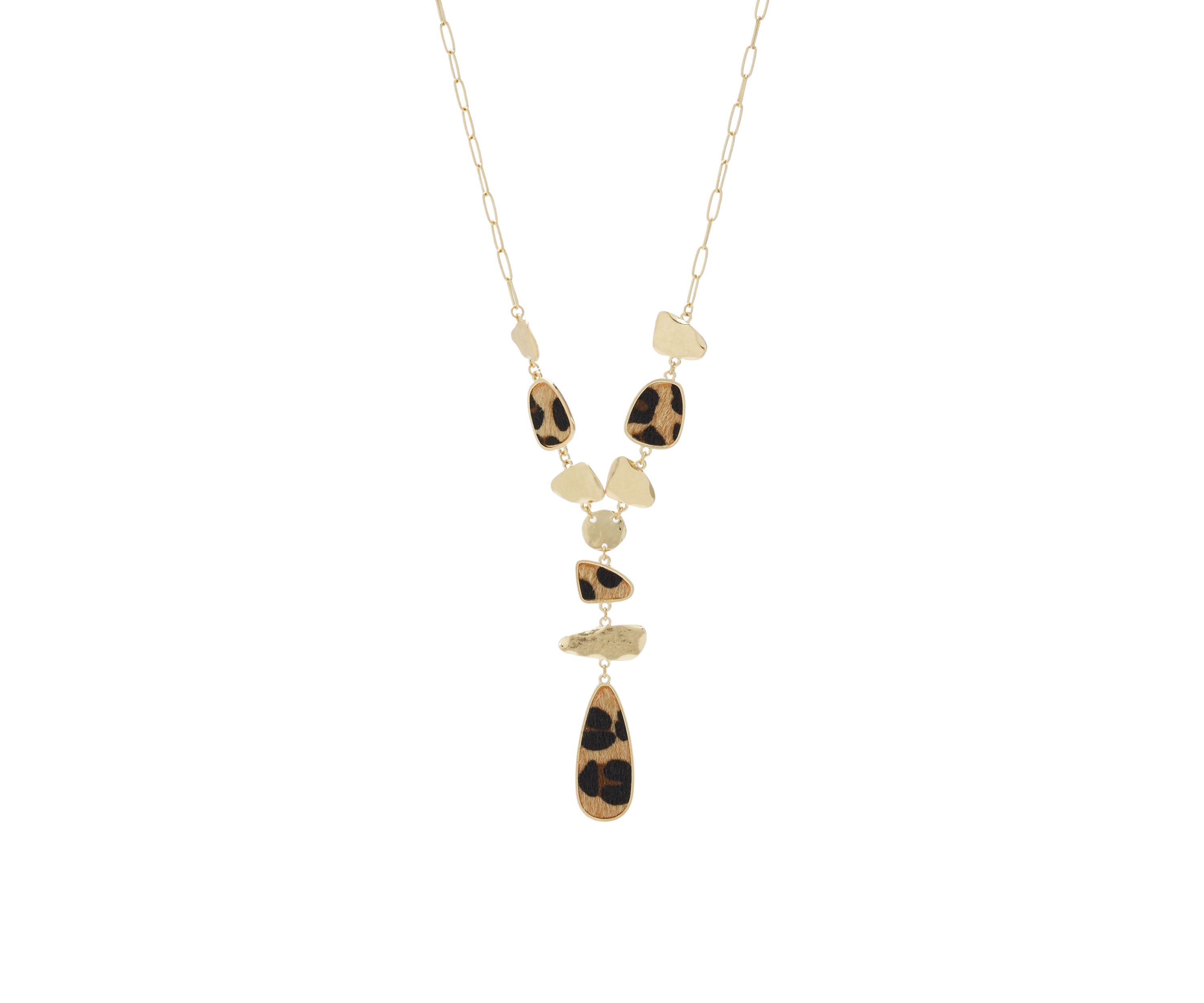 Gold Tone Animal Print Teardrop Y Necklace