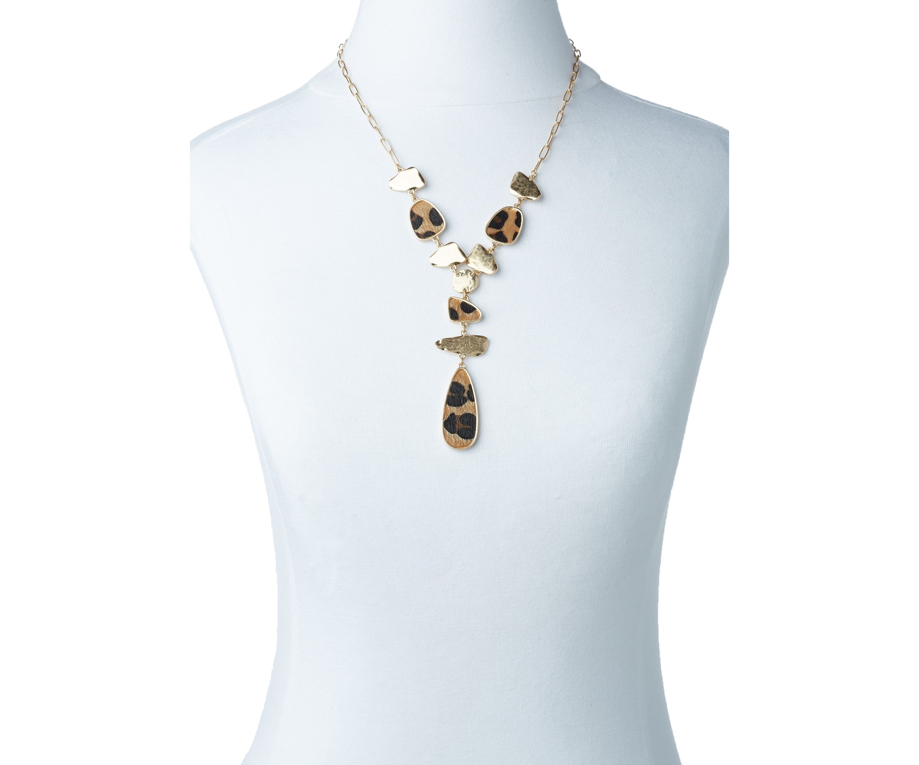 Gold Tone Animal Print Teardrop Y Necklace