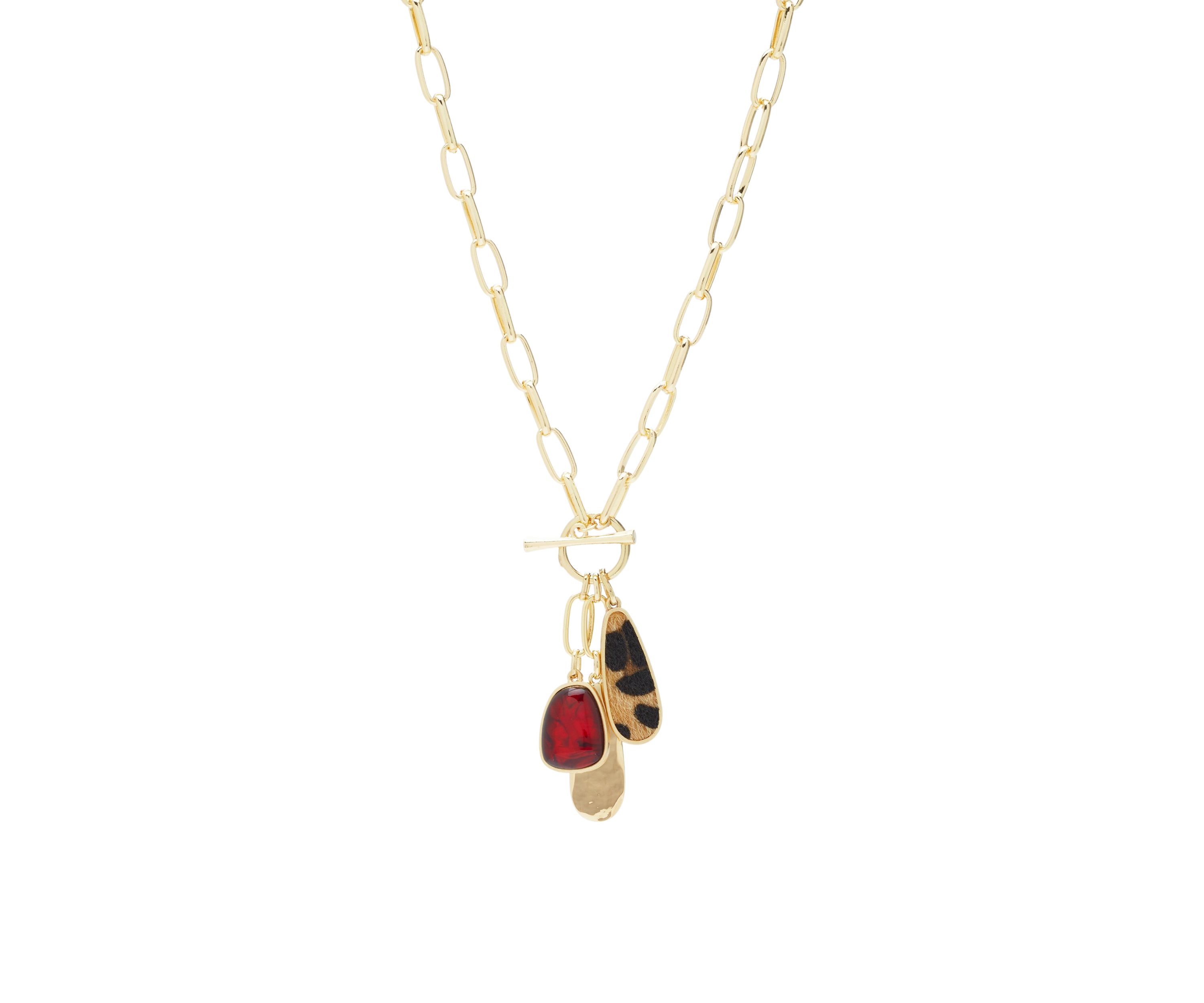 Gold Tone Red Stone Animal Print Drop Necklace