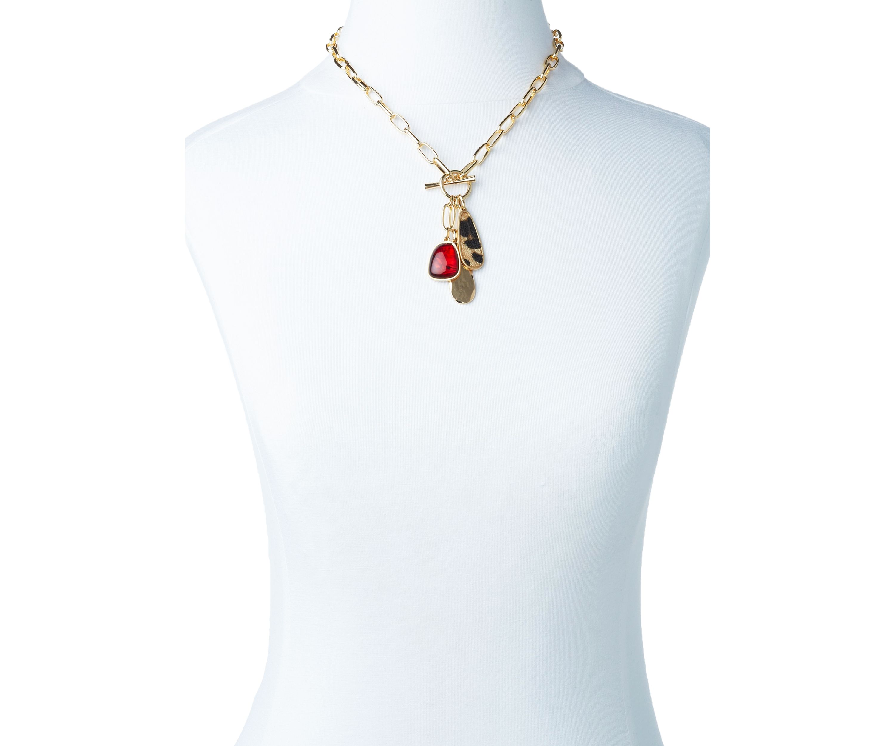 Gold Tone Red Stone Animal Print Drop Necklace