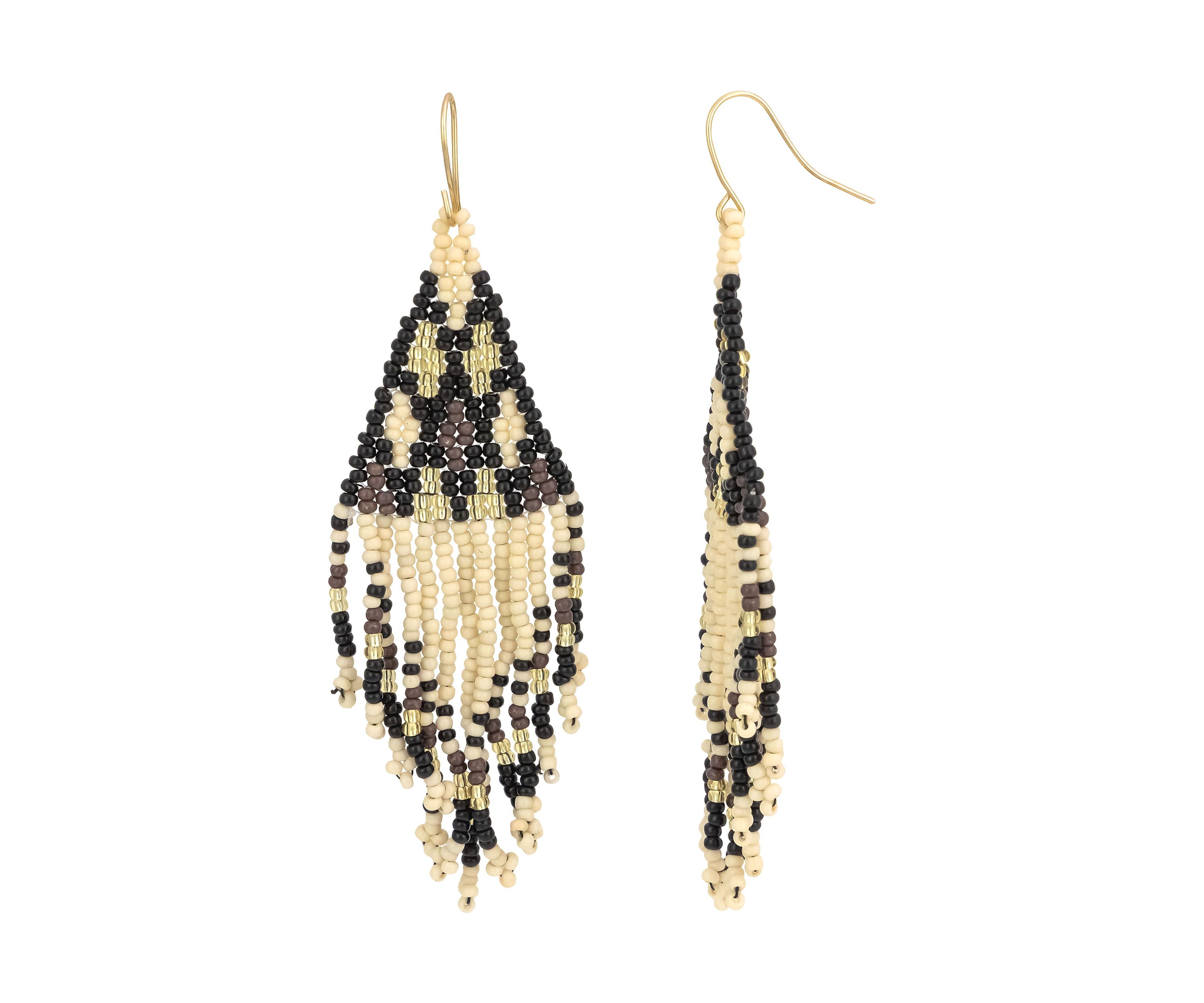Gold-Tone Black Multi Woven Bead Kite Fringe Drop Earrings 
