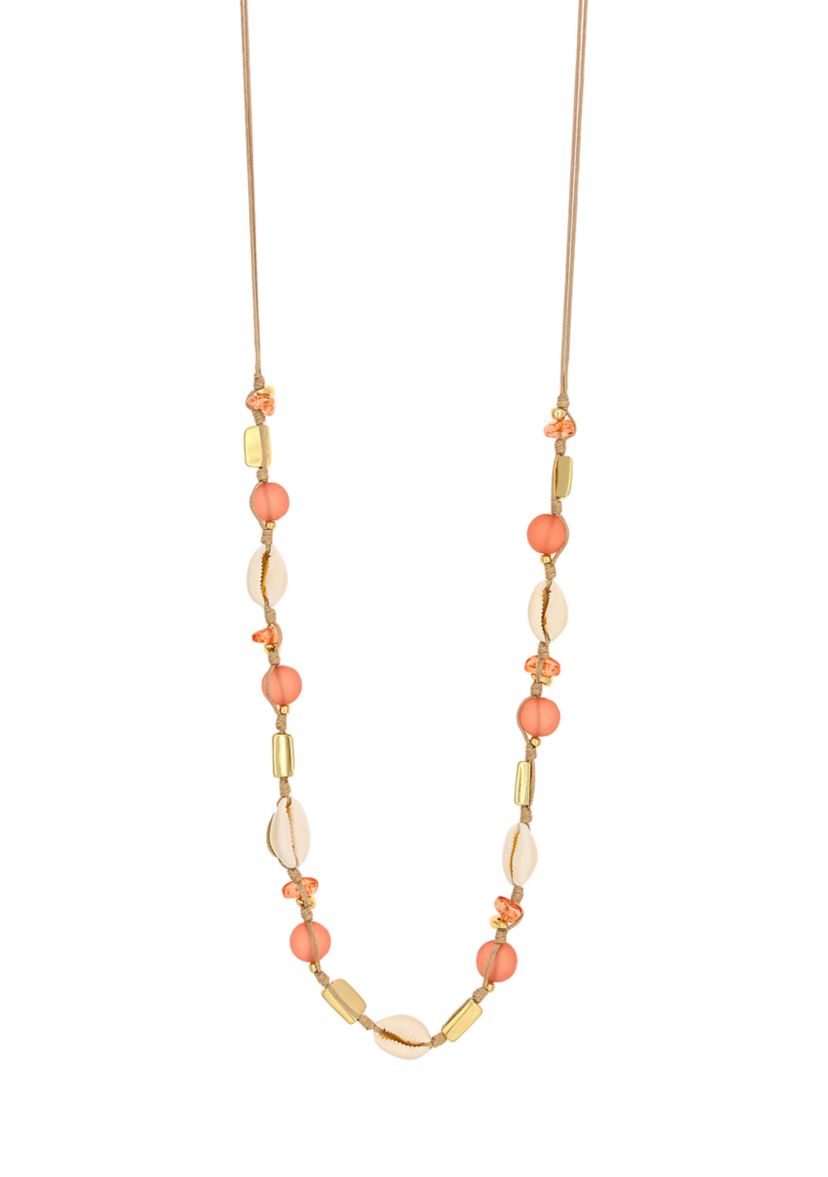 Gold Tone Coral Beads with Shell Necklace