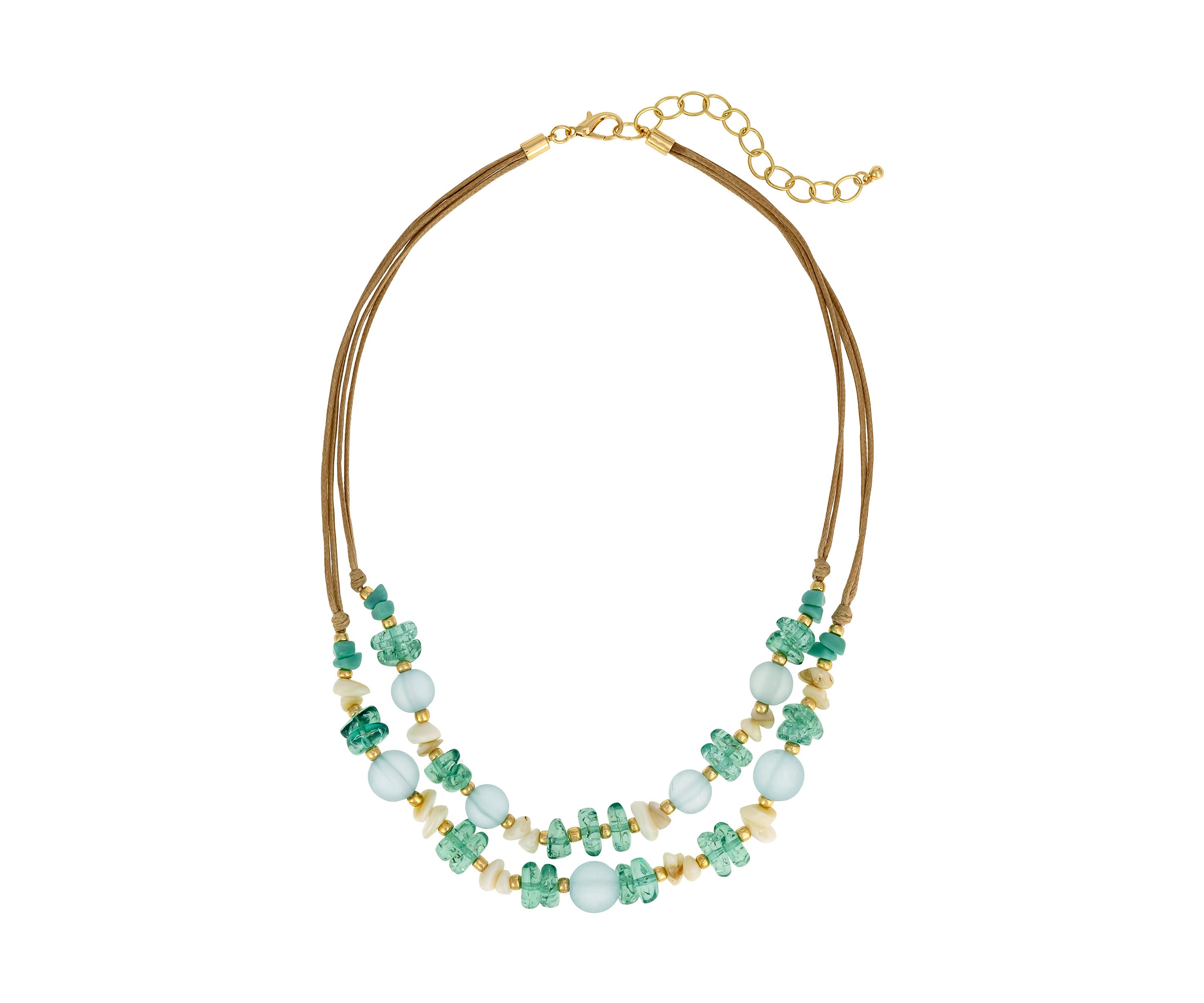 Gold Tone 2 Row Multi Aqua Bead and Shell Necklace
