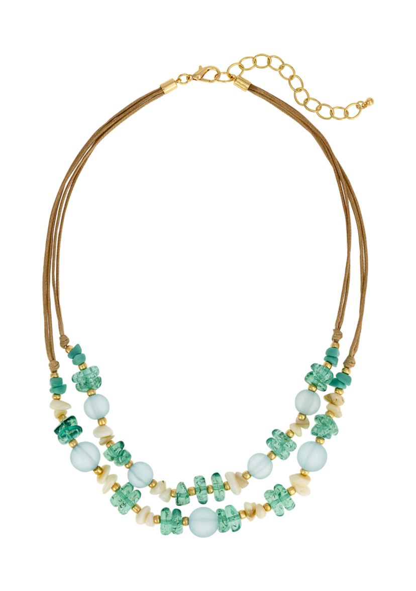 Gold Tone 2 Row Multi Aqua Bead and Shell Necklace