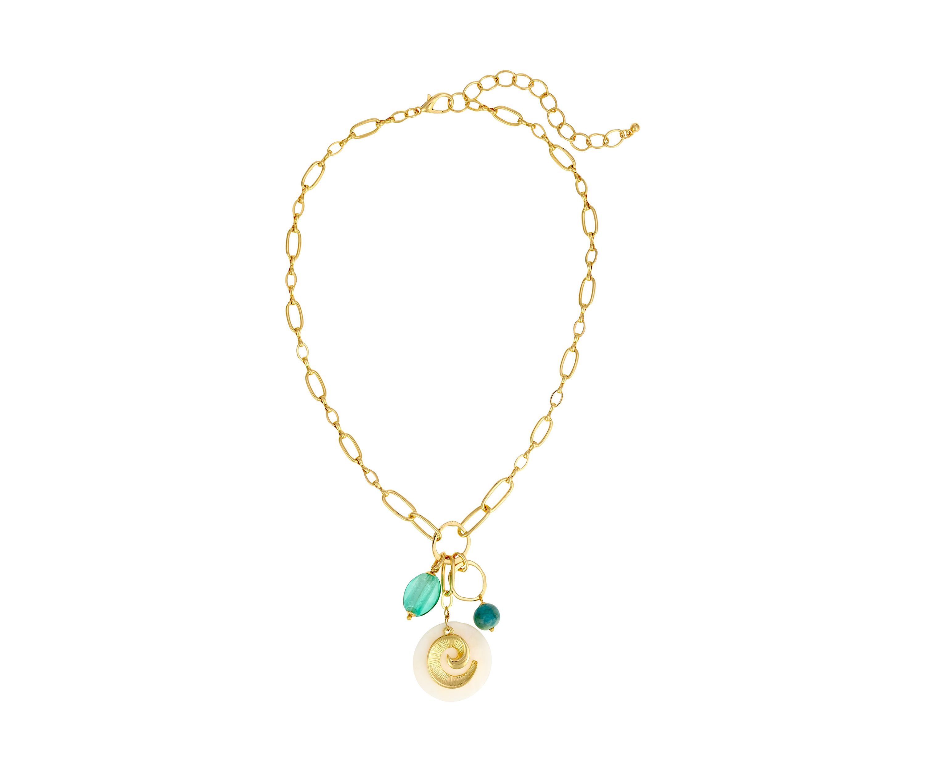Gold Tone Short Chain Link Necklace with Aqua Multi Beads and Shell Drops