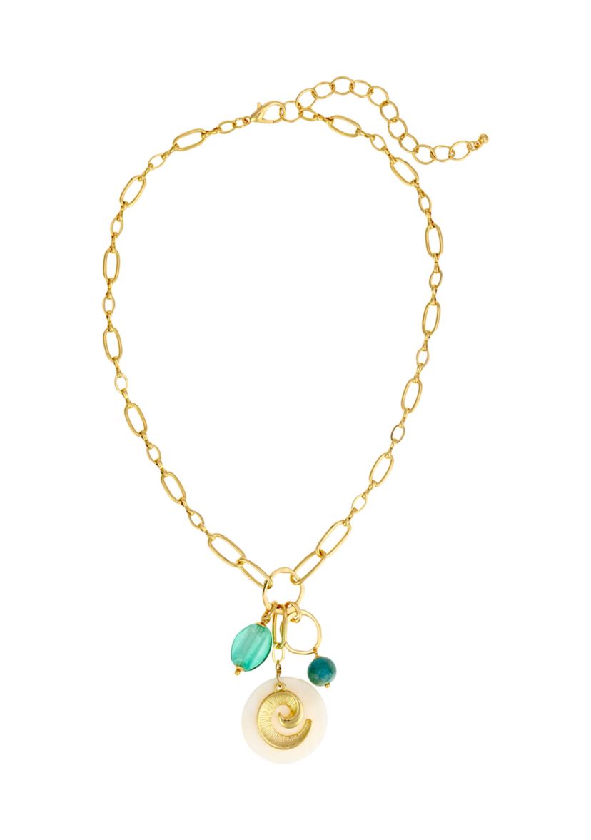 Gold Tone Short Chain Link Necklace with Aqua Multi Beads and Shell Drops
