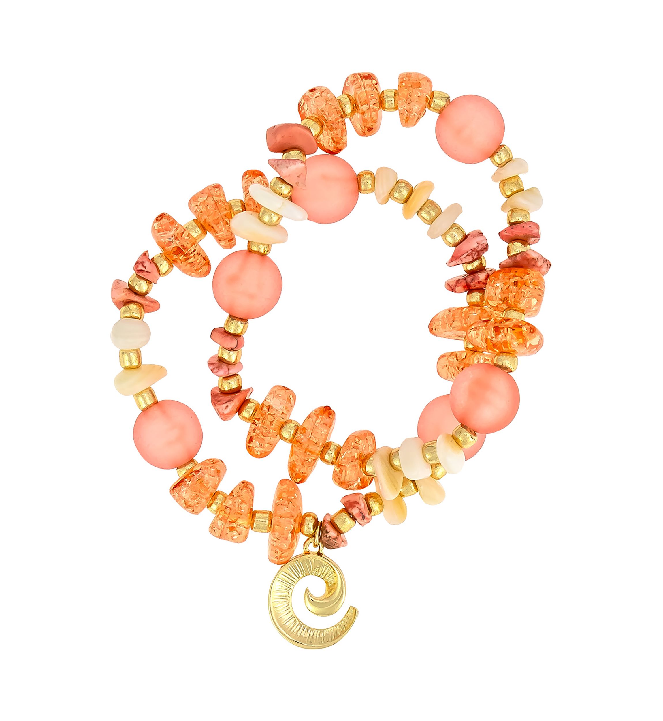 Gold-Tone 2-Row Multi Bead and Shell Stretch Bracelet Set 