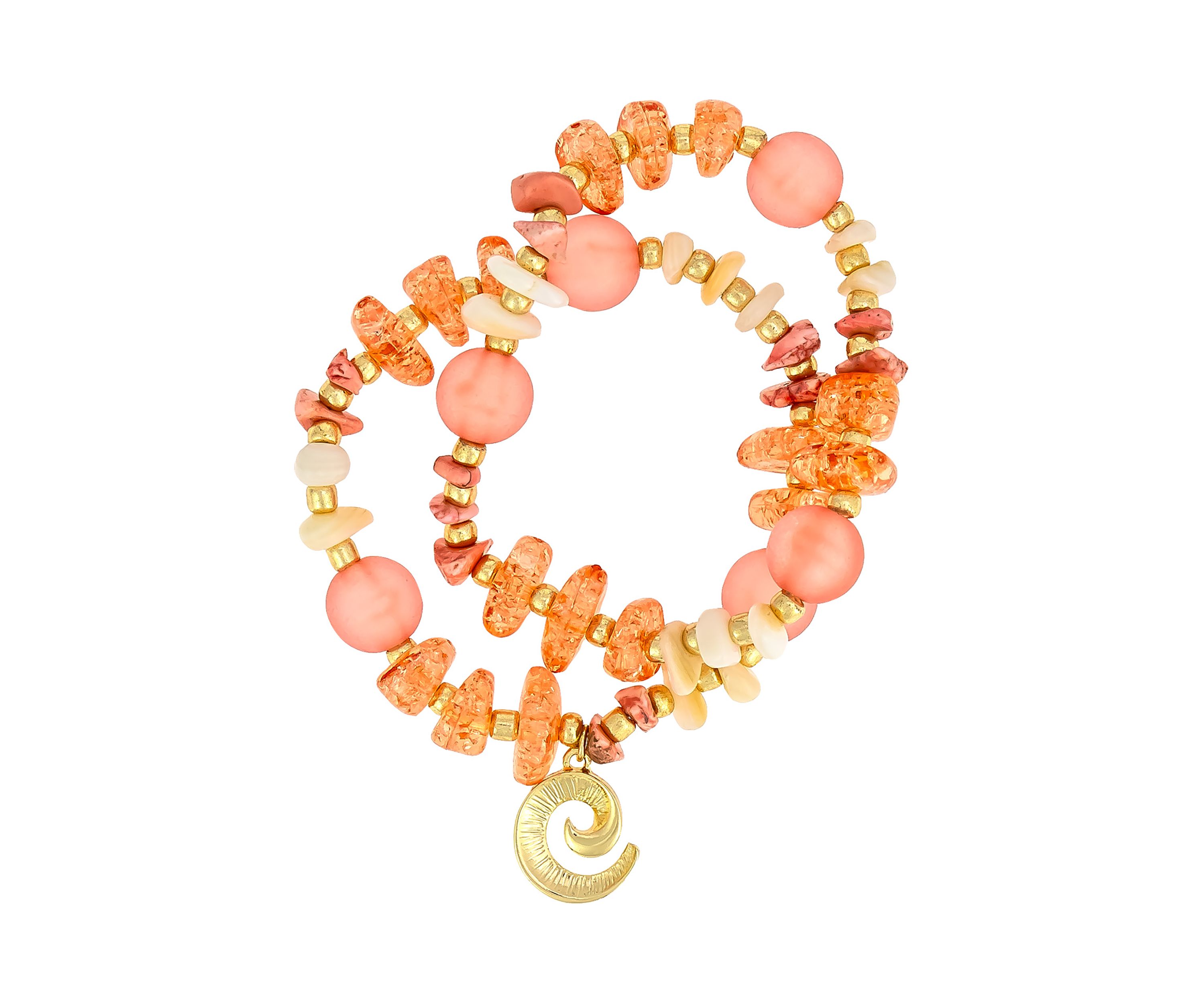 Gold-Tone 2-Row Multi Bead and Shell Stretch Bracelet Set 