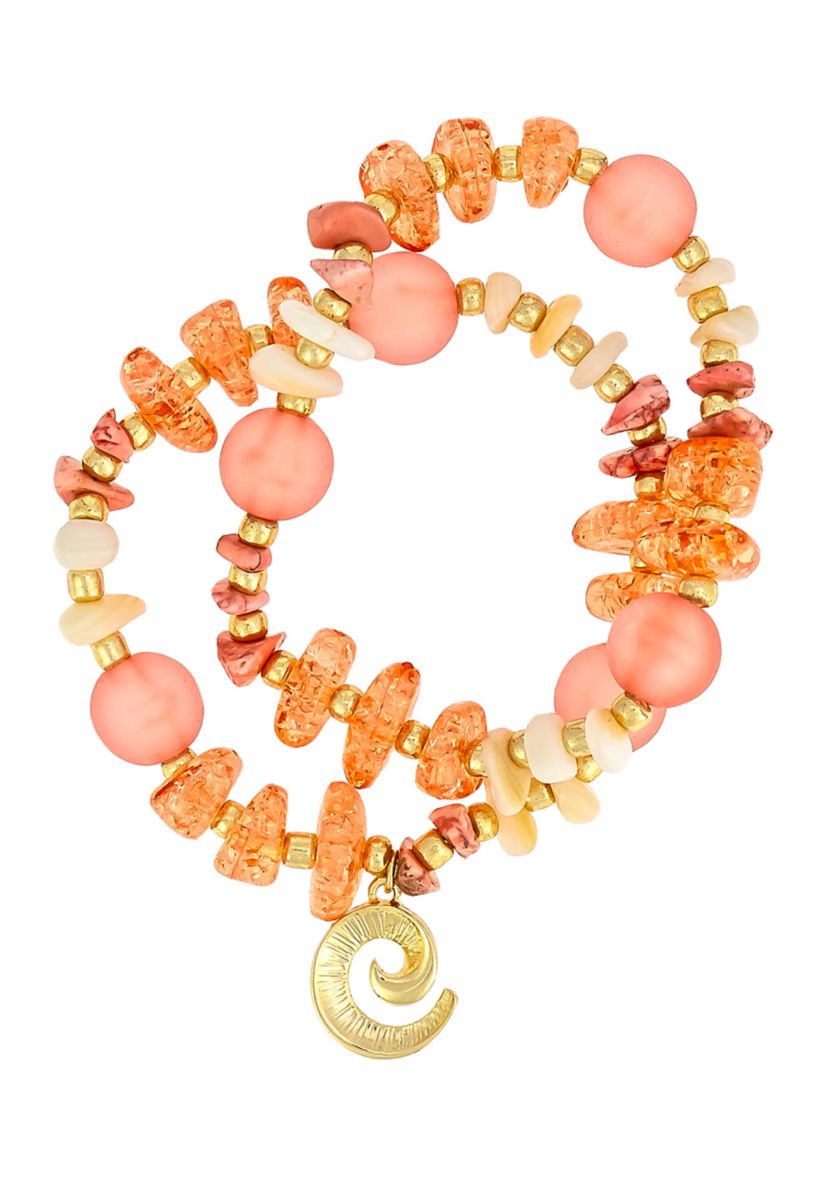 Gold-Tone 2-Row Multi Bead and Shell Stretch Bracelet Set 