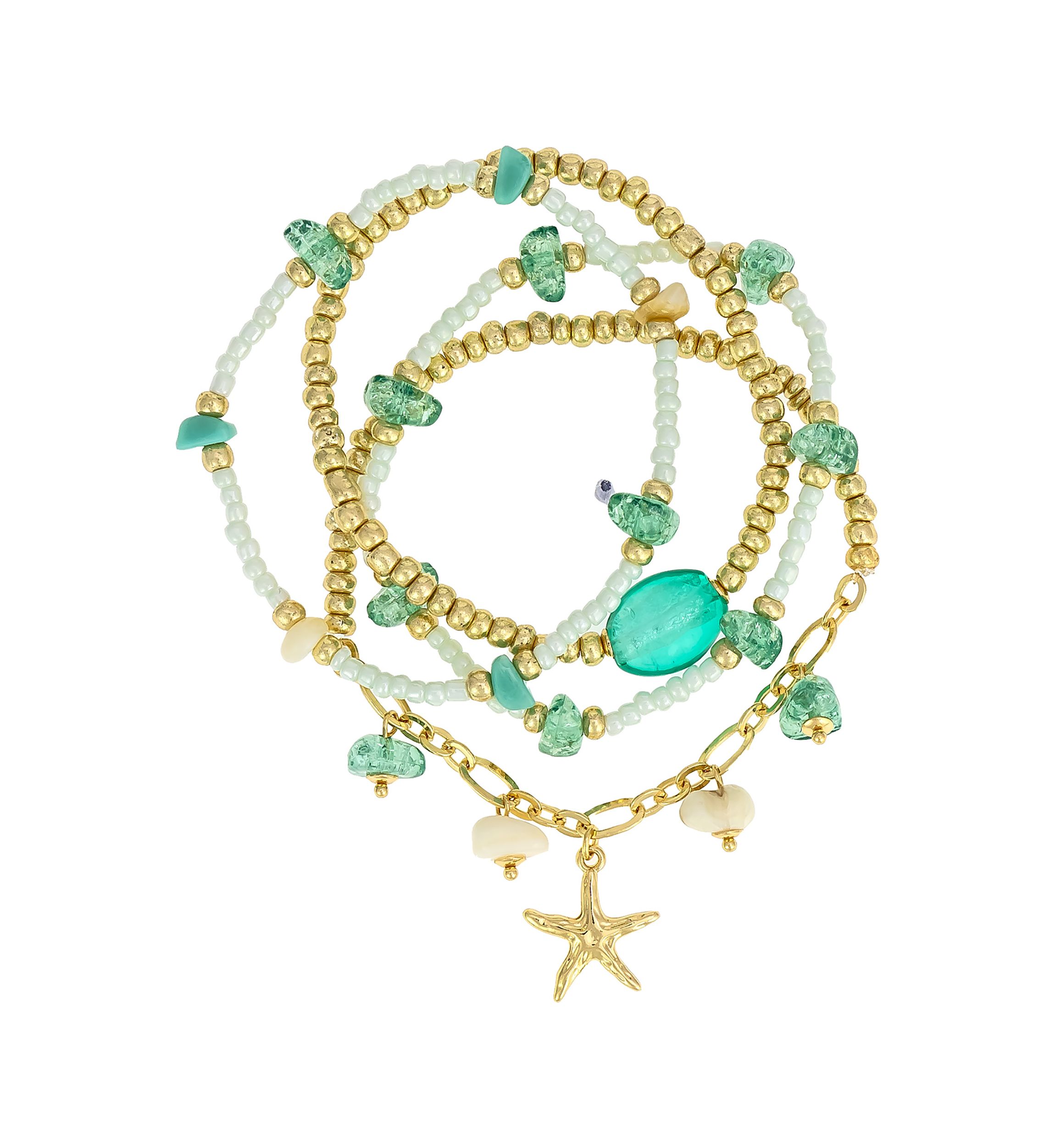 Gold Tone Multi Beaded Starfish Charm Stretch Bracelet Set