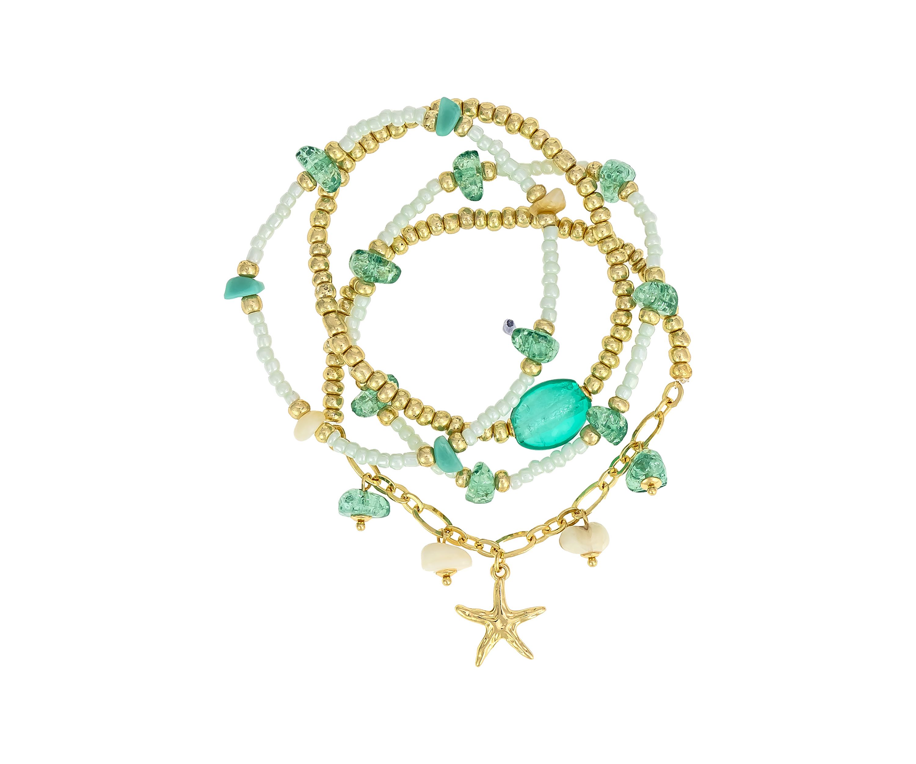 Gold Tone Multi Beaded Starfish Charm Stretch Bracelet Set