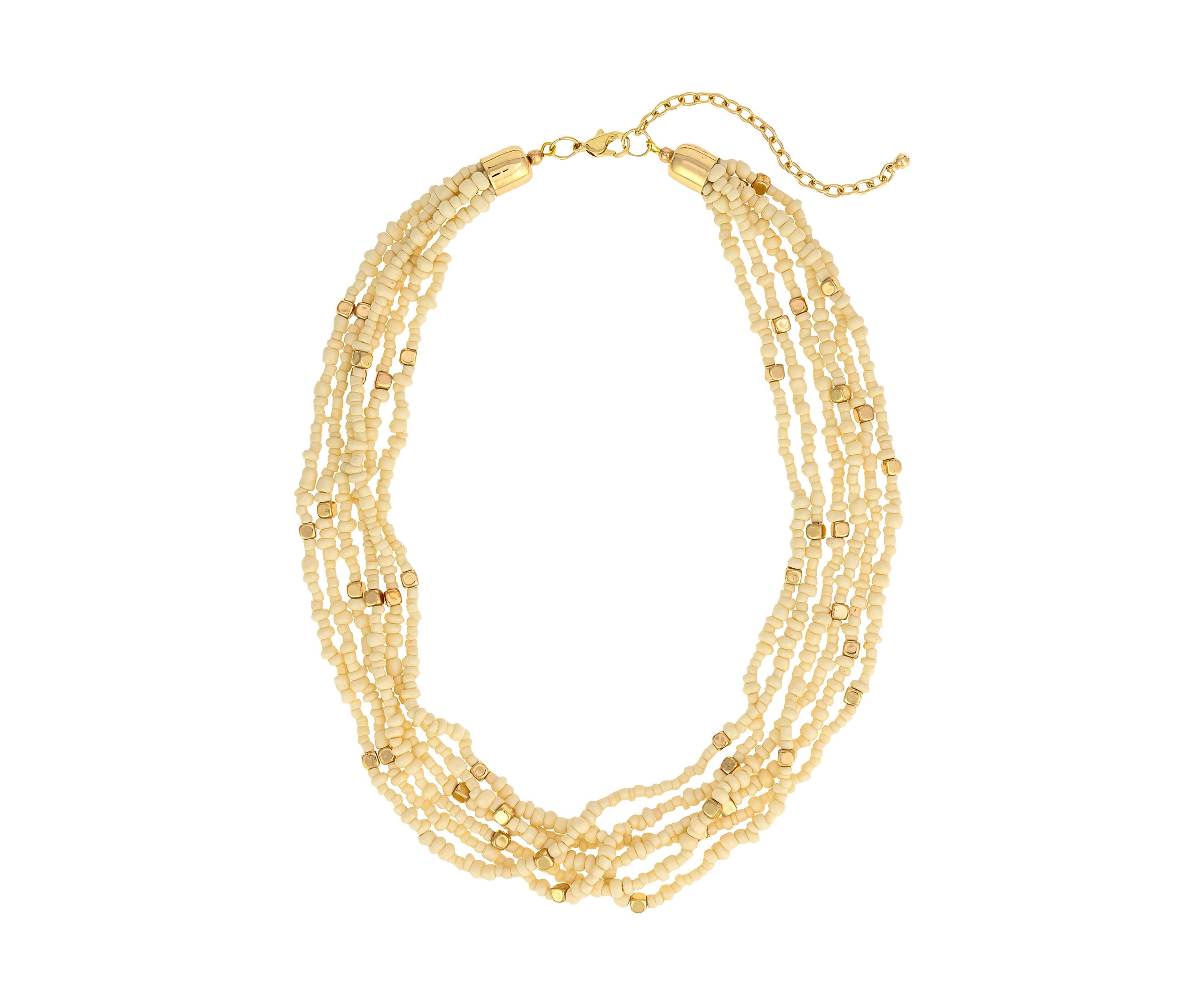 Gold-Tone Multi Row Short Ivory Seed Bead Necklace 