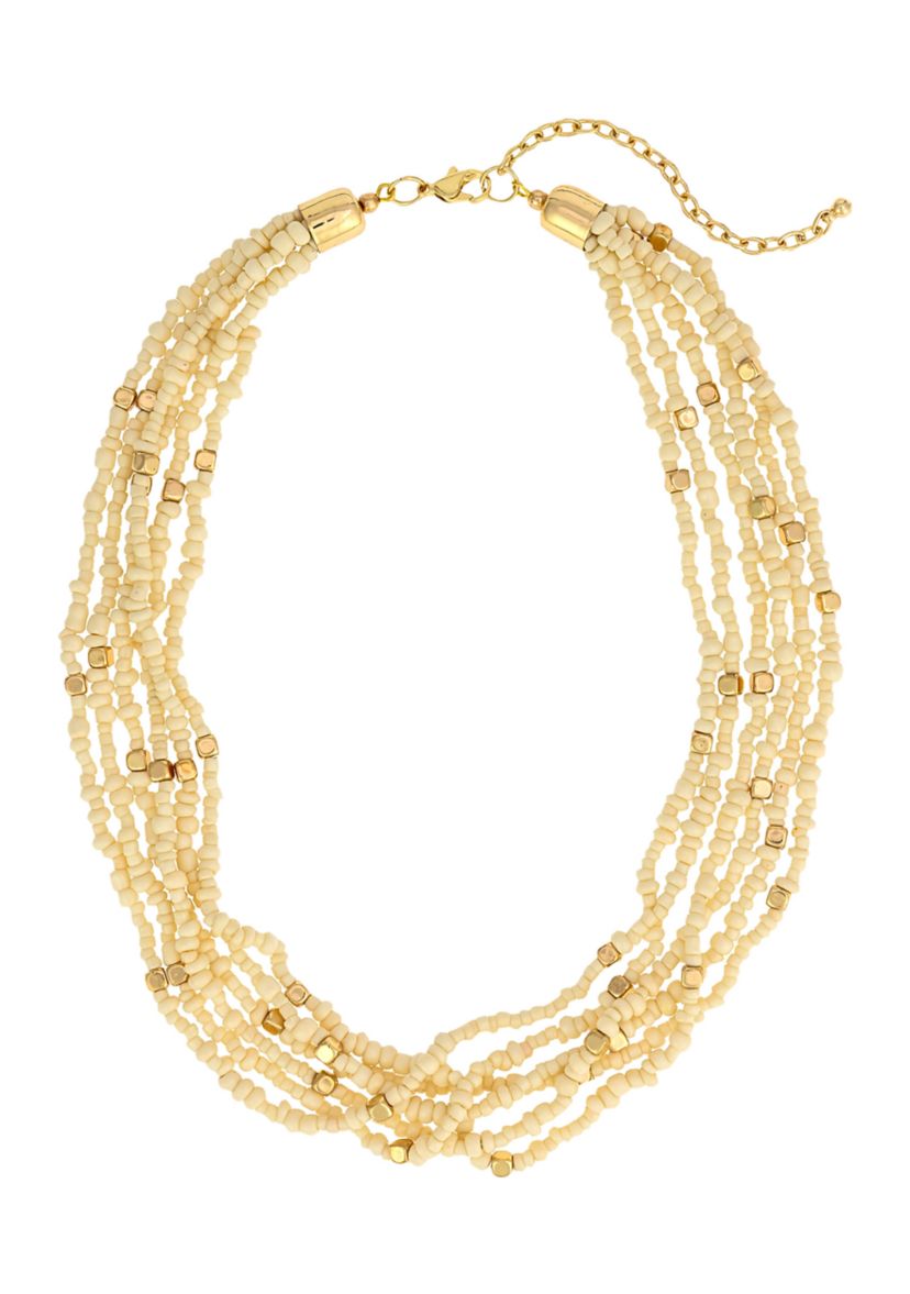 Gold-Tone Multi Row Short Ivory Seed Bead Necklace 