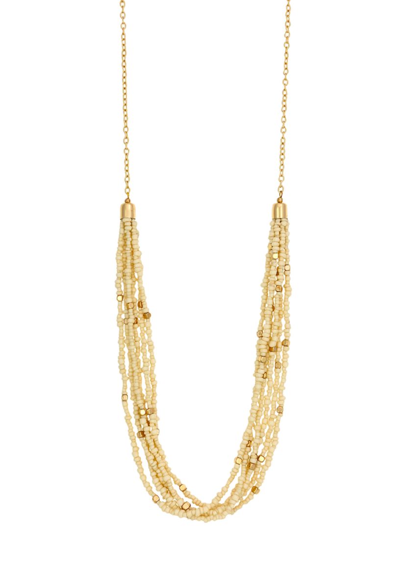 Gold-Tone Long Multirow Ivory Seed Bead Necklace 
