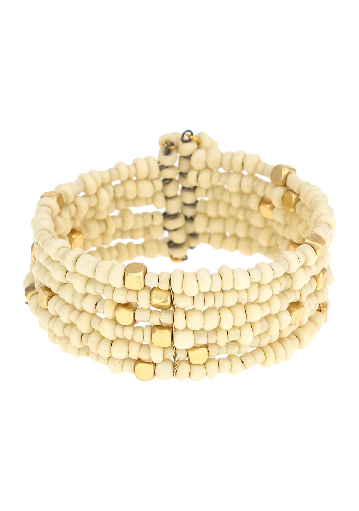 Gold Tone Natural Multi Row Seed Bead Cuff Bracelet
