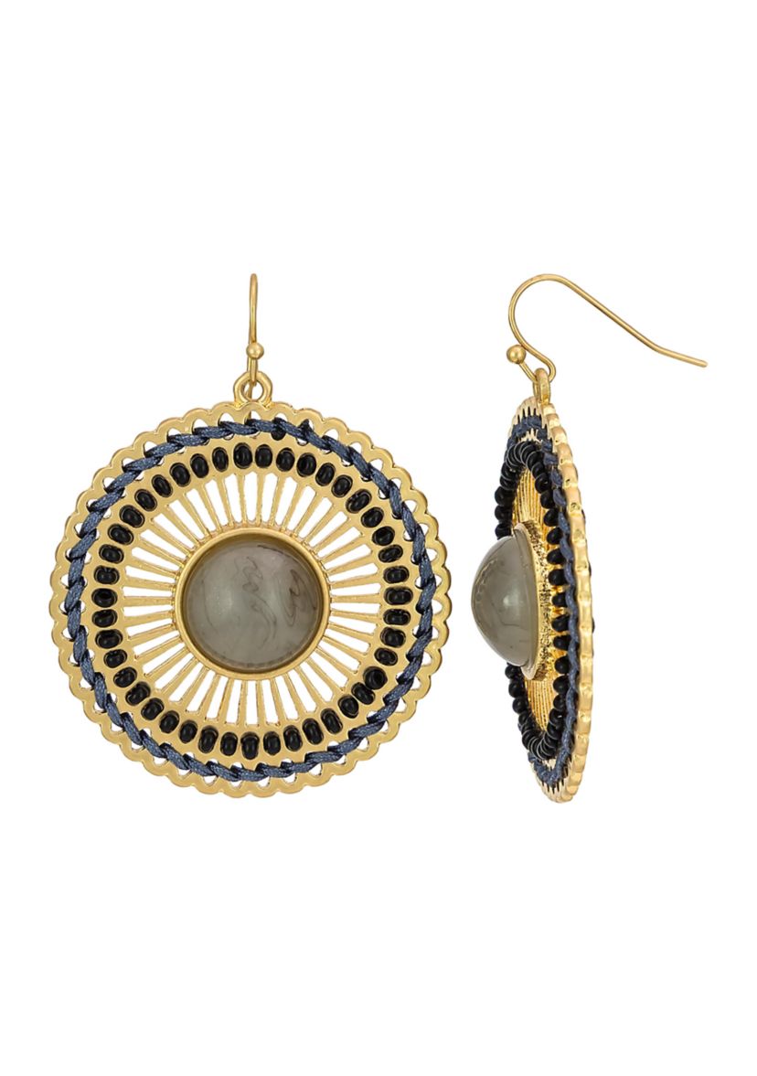 Gold-Tone Textured Round Disc Drop Earrings 