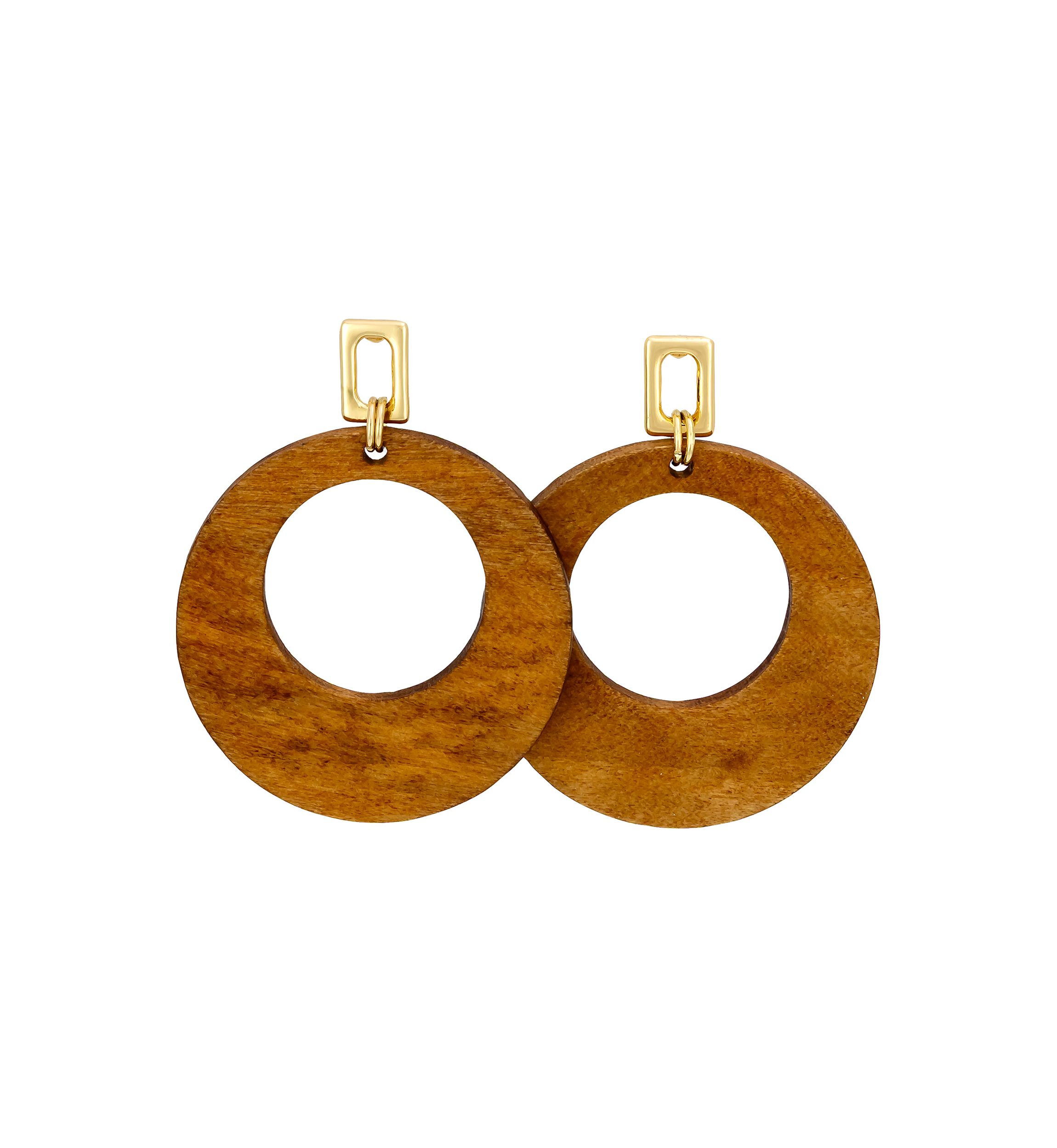 Gold-Tone Open Square Top Brown Wood Donut Drop Earrings