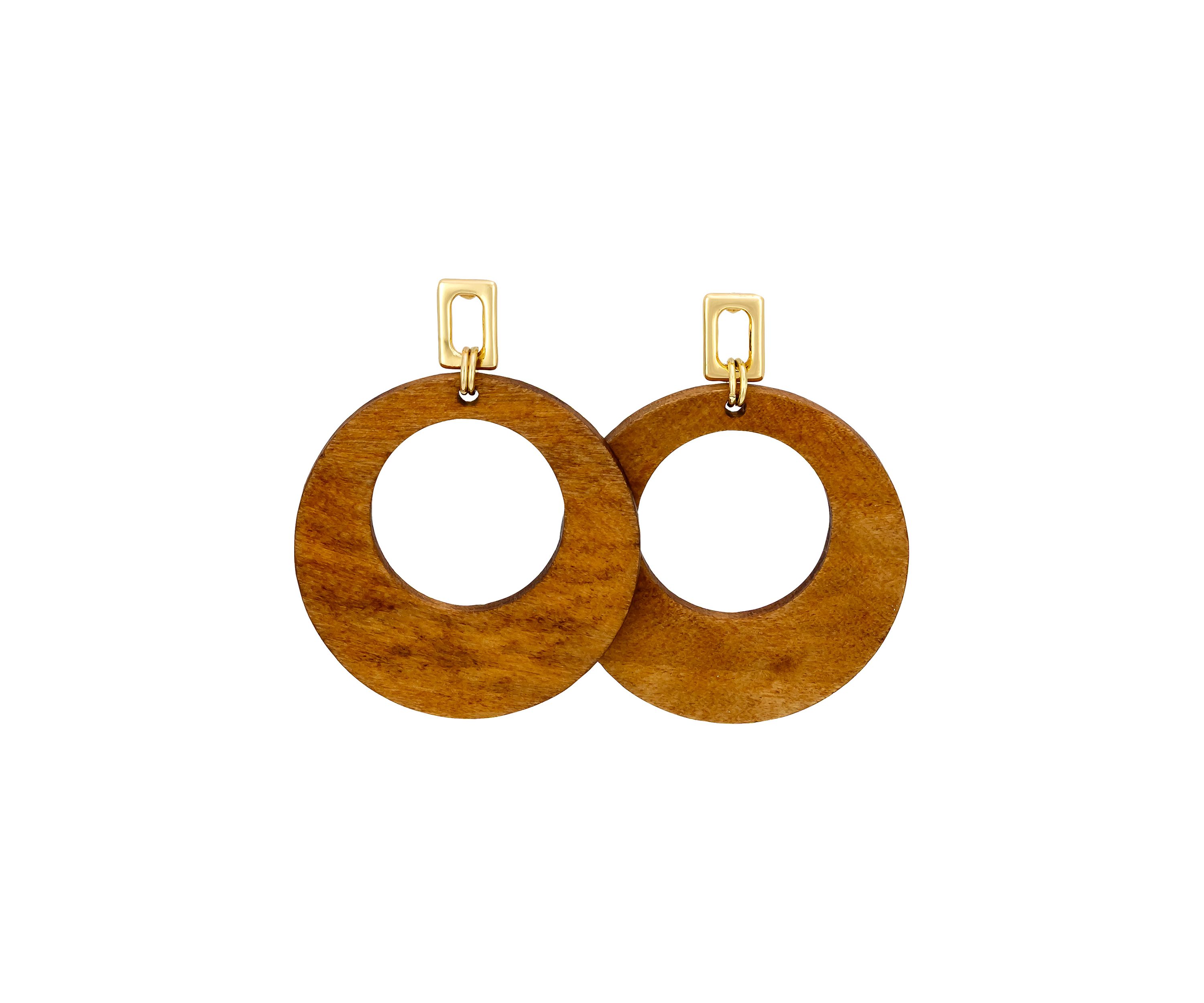 Gold-Tone Open Square Top Brown Wood Donut Drop Earrings
