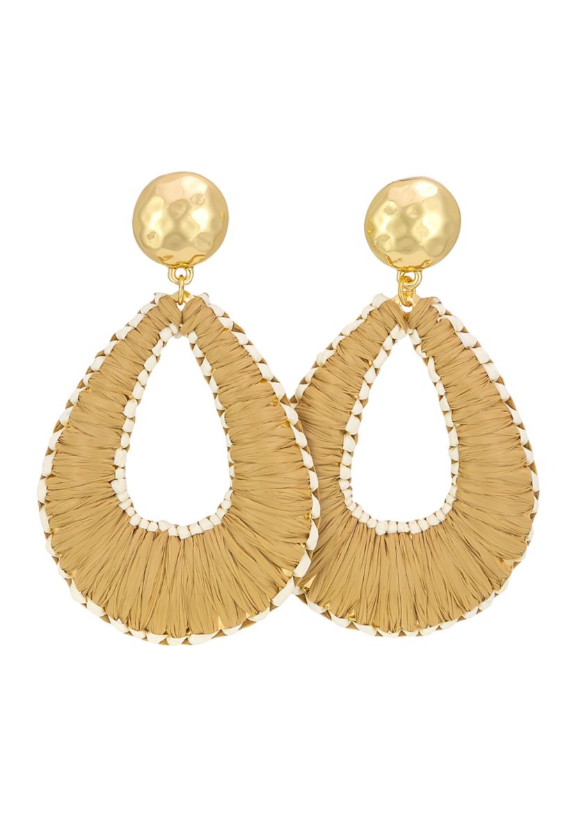 Gold-Tone Natural Raffia Wrapped Open Teardrop Earrings