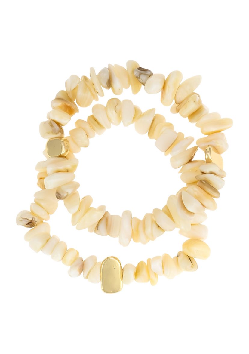 Gold Tone Natural Bead 2 Row Stretch Bracelet Set