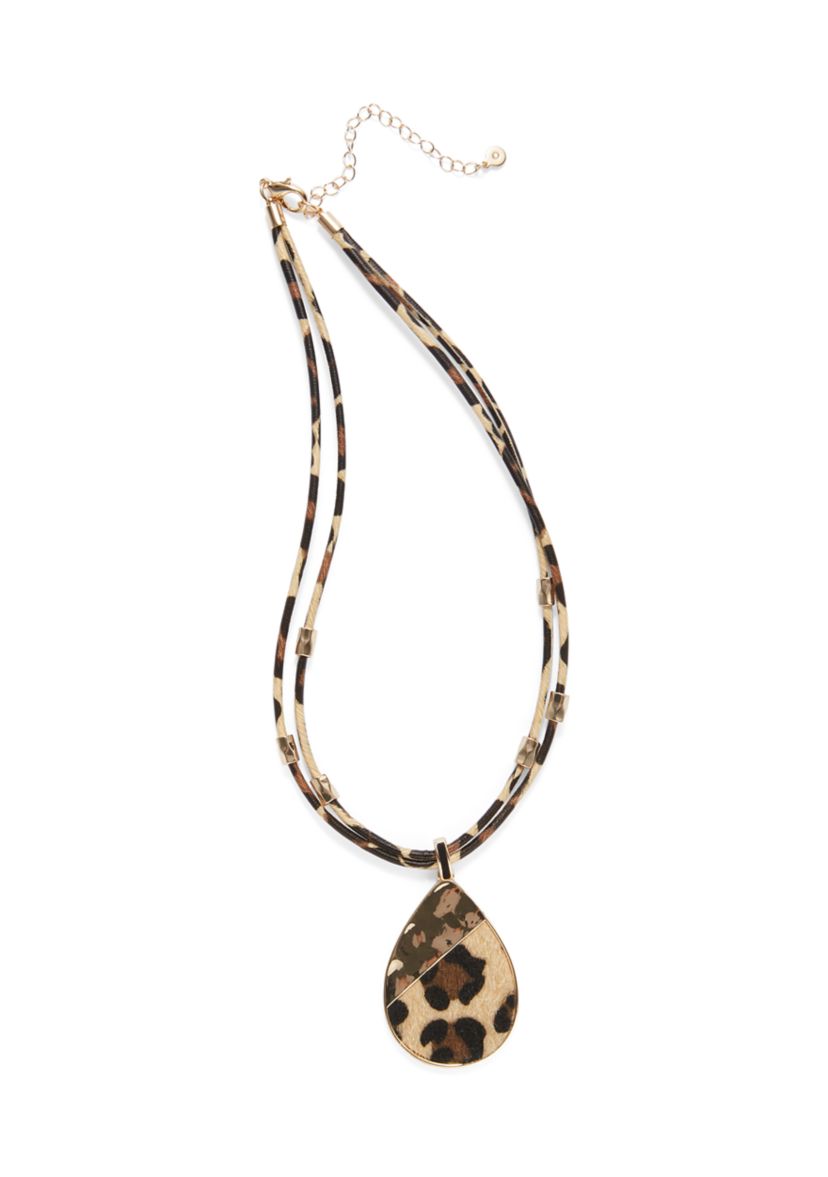 Multi Row Leopard Print Cord Teardrop Necklace
