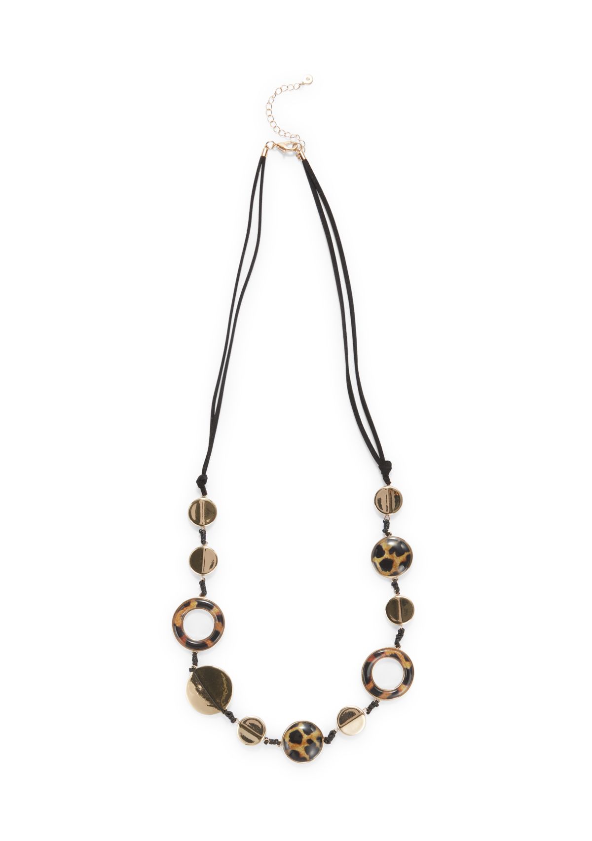 Long Cord Station Metal and Leopard Printed Disc Necklace