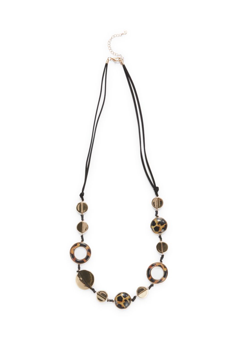 Long Cord Station Metal and Leopard Printed Disc Necklace