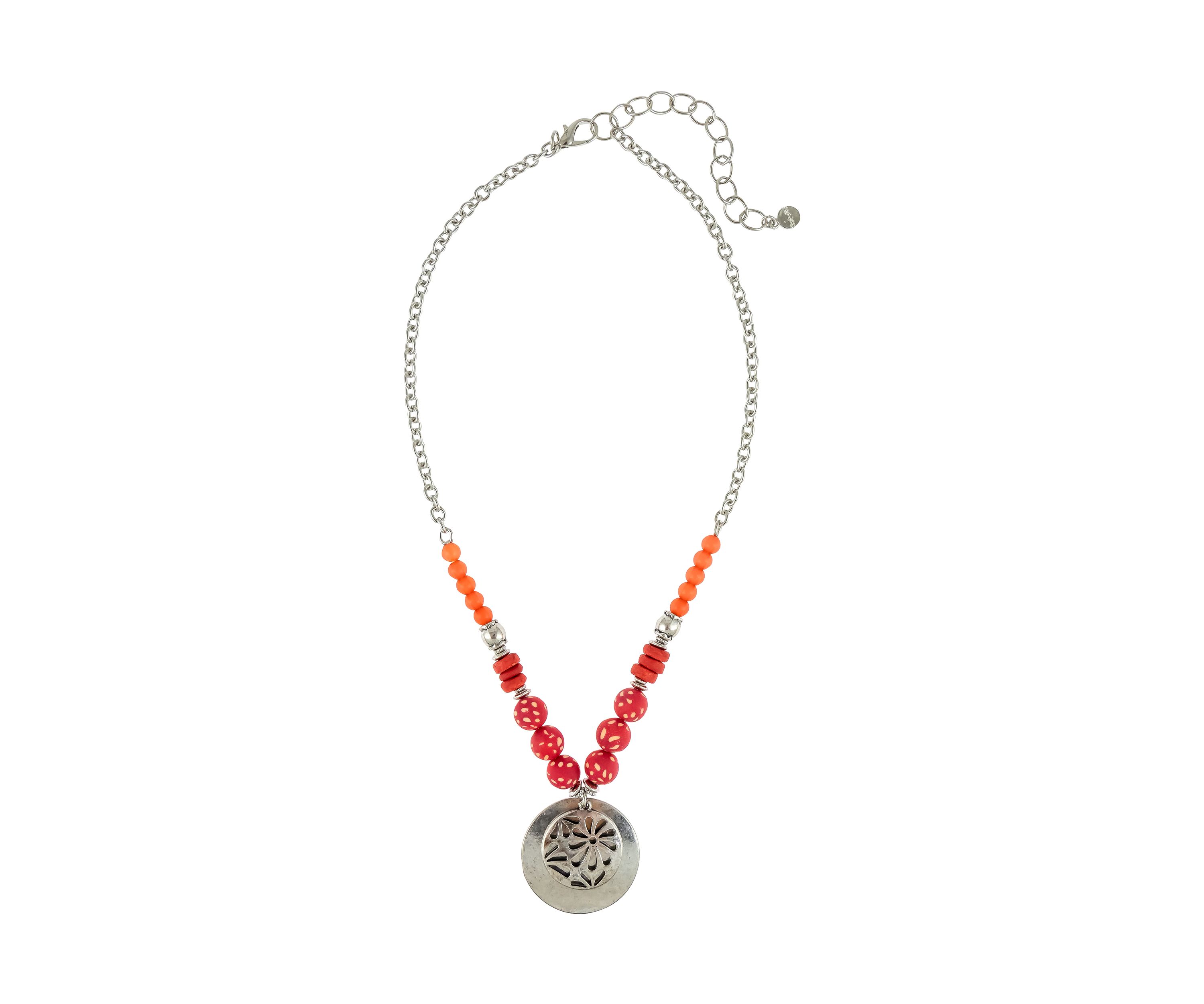 Silver Tone 18 Short Metal Overlay Disc Overlay Pendant on Chain Necklace with Coral Beads 