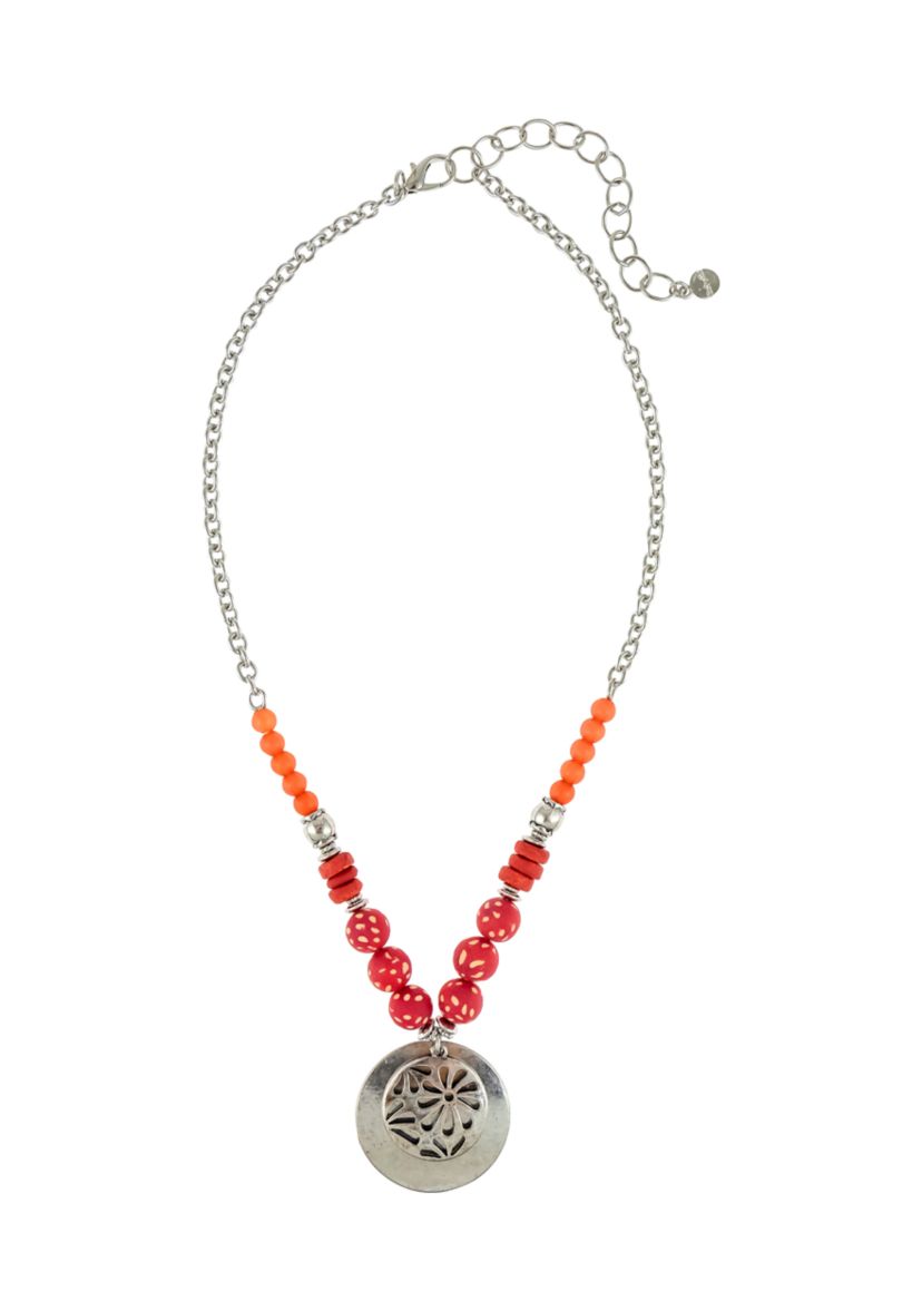 Silver Tone 18 Short Metal Overlay Disc Overlay Pendant on Chain Necklace with Coral Beads 