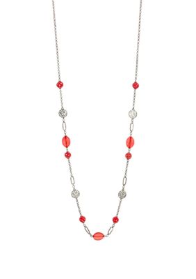 Ruby Rd Linked Chai Necklace with Filigree & Coral Bead Station Accents, 7 in