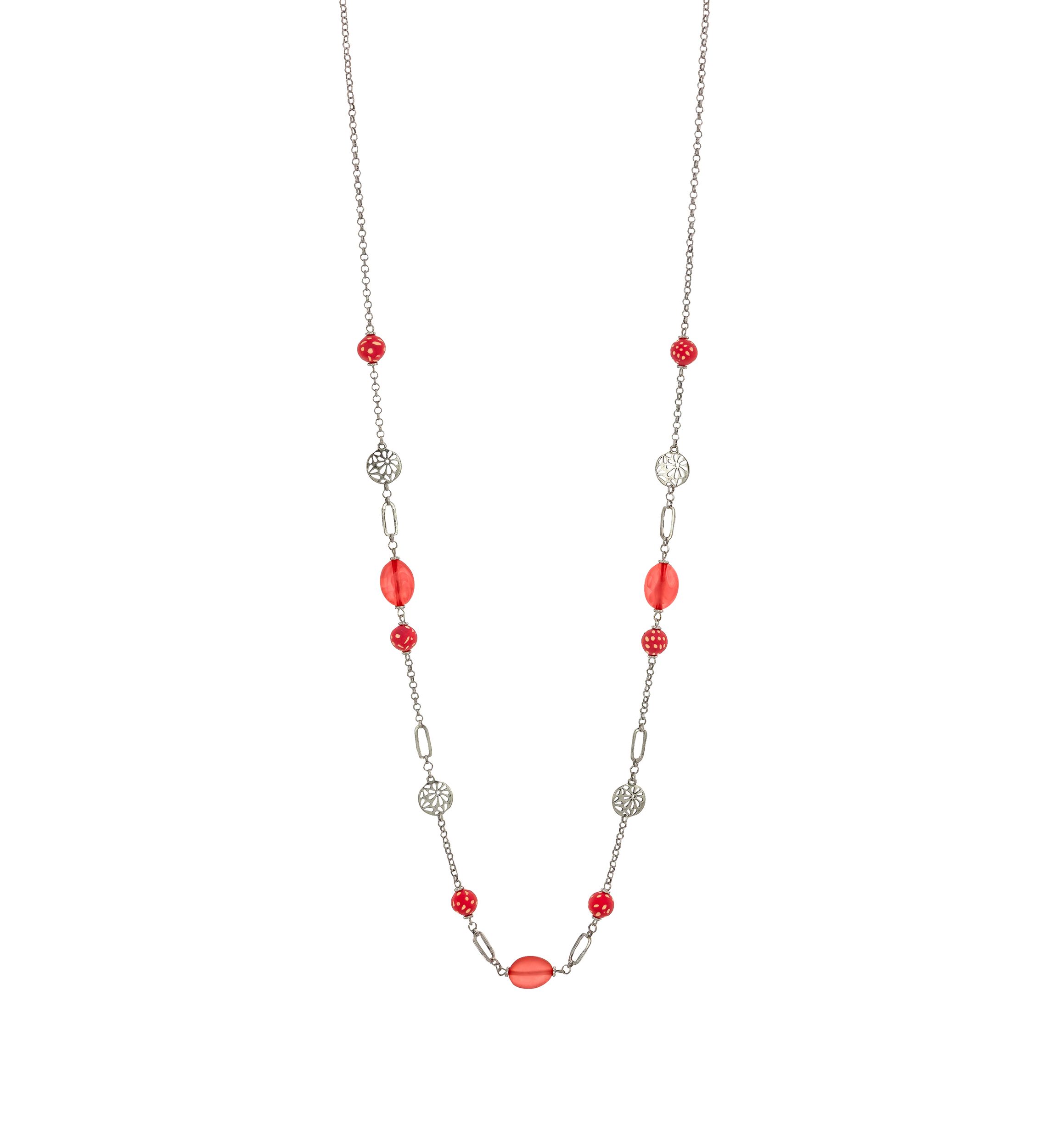 Silver Tone 36 Long Linked Chai Necklace with Filigree & Coral Bead Station Accents 