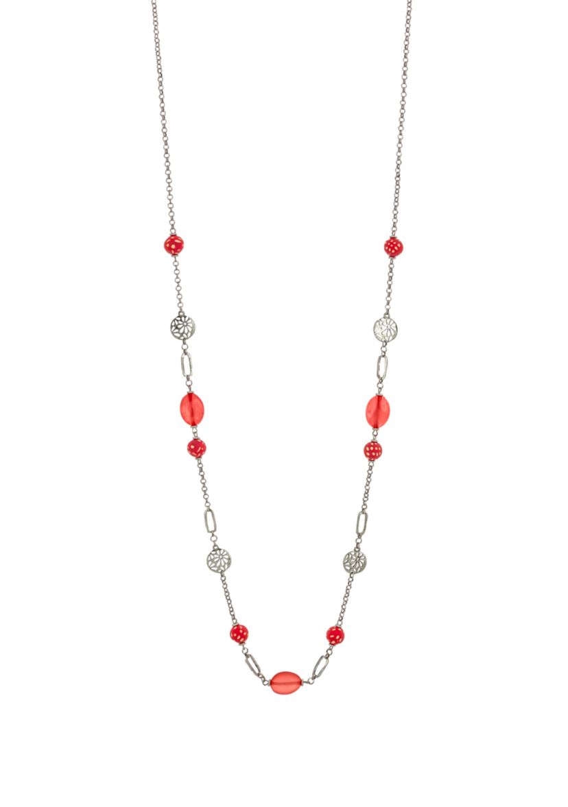 Silver Tone 36 Long Linked Chai Necklace with Filigree & Coral Bead Station Accents 
