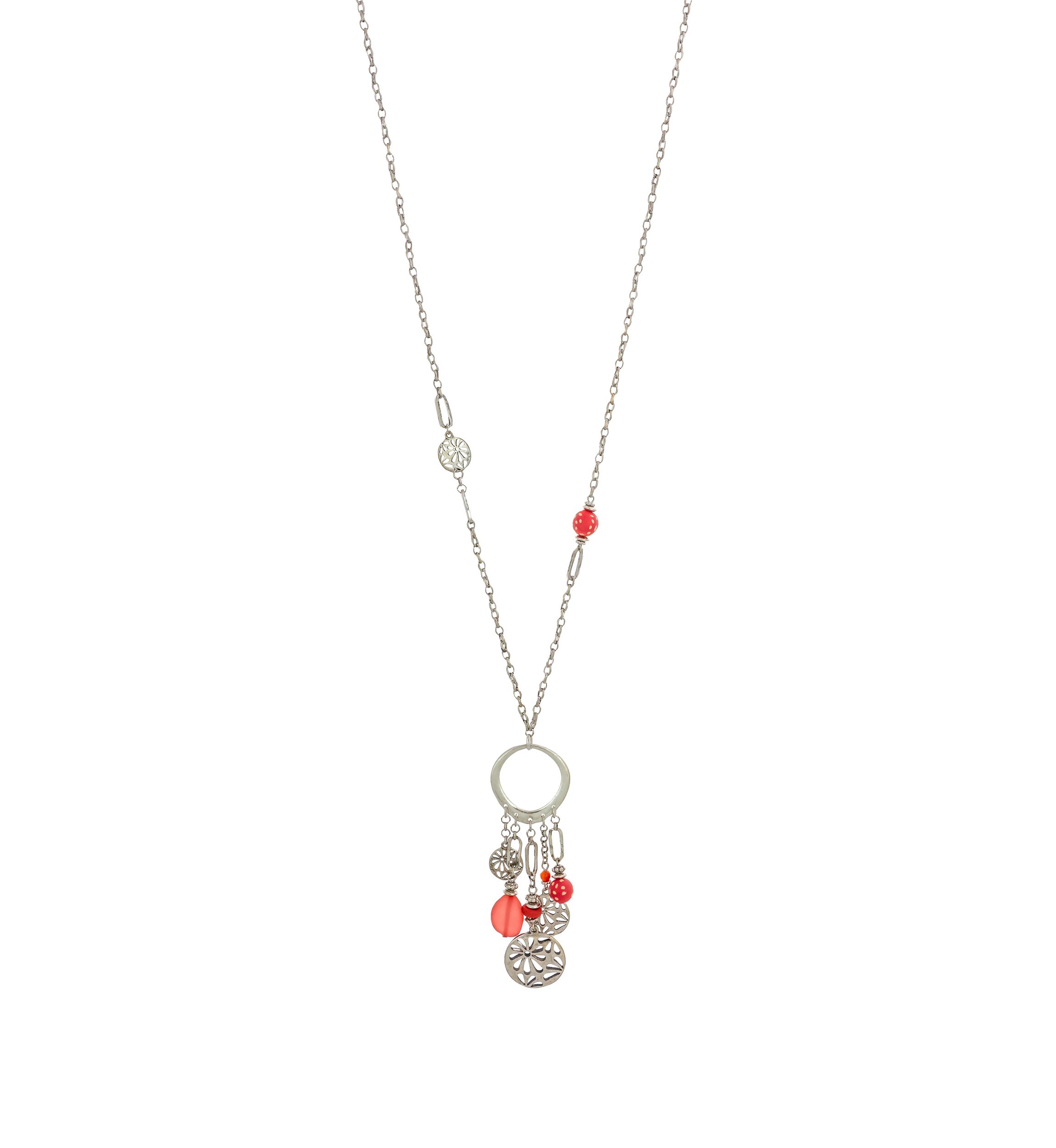 Silver Tone 30 Long Open Ring Pendant with Coral & Filigree Drops on Chain Necklace
