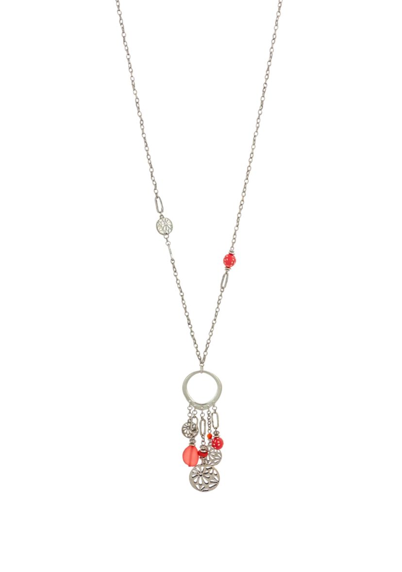 Silver Tone 30 Long Open Ring Pendant with Coral & Filigree Drops on Chain Necklace