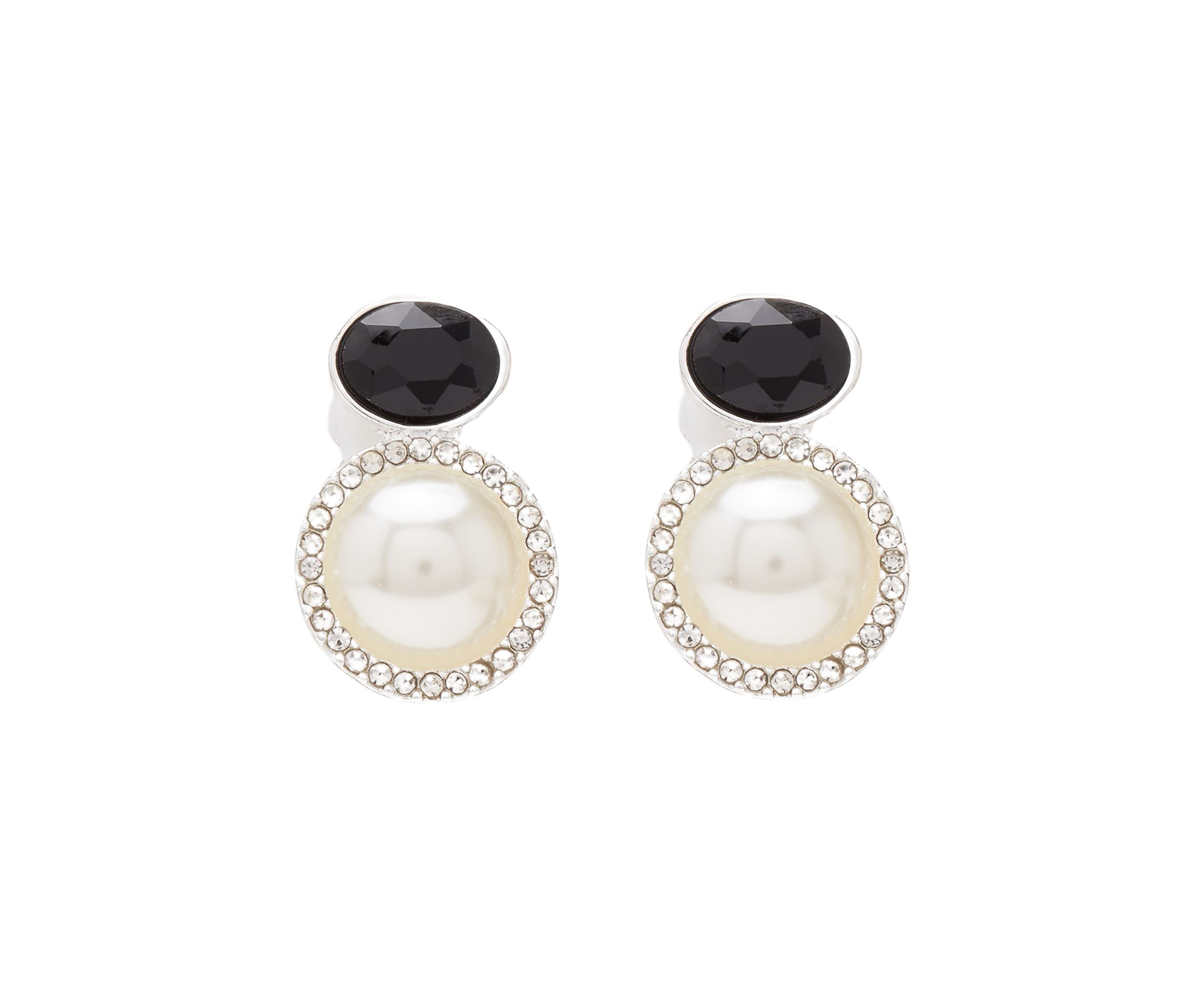 Jet Black Stone and Pearl Clip Earrings