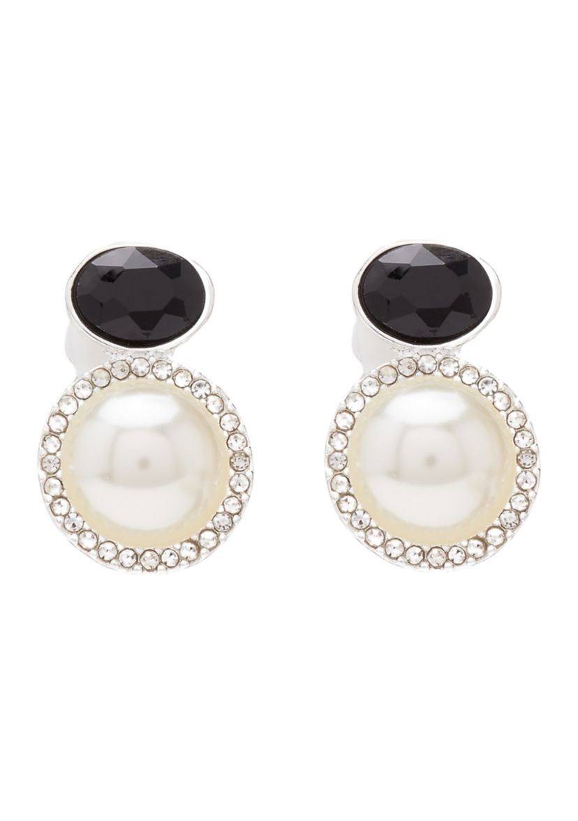 Jet Black Stone and Pearl Clip Earrings