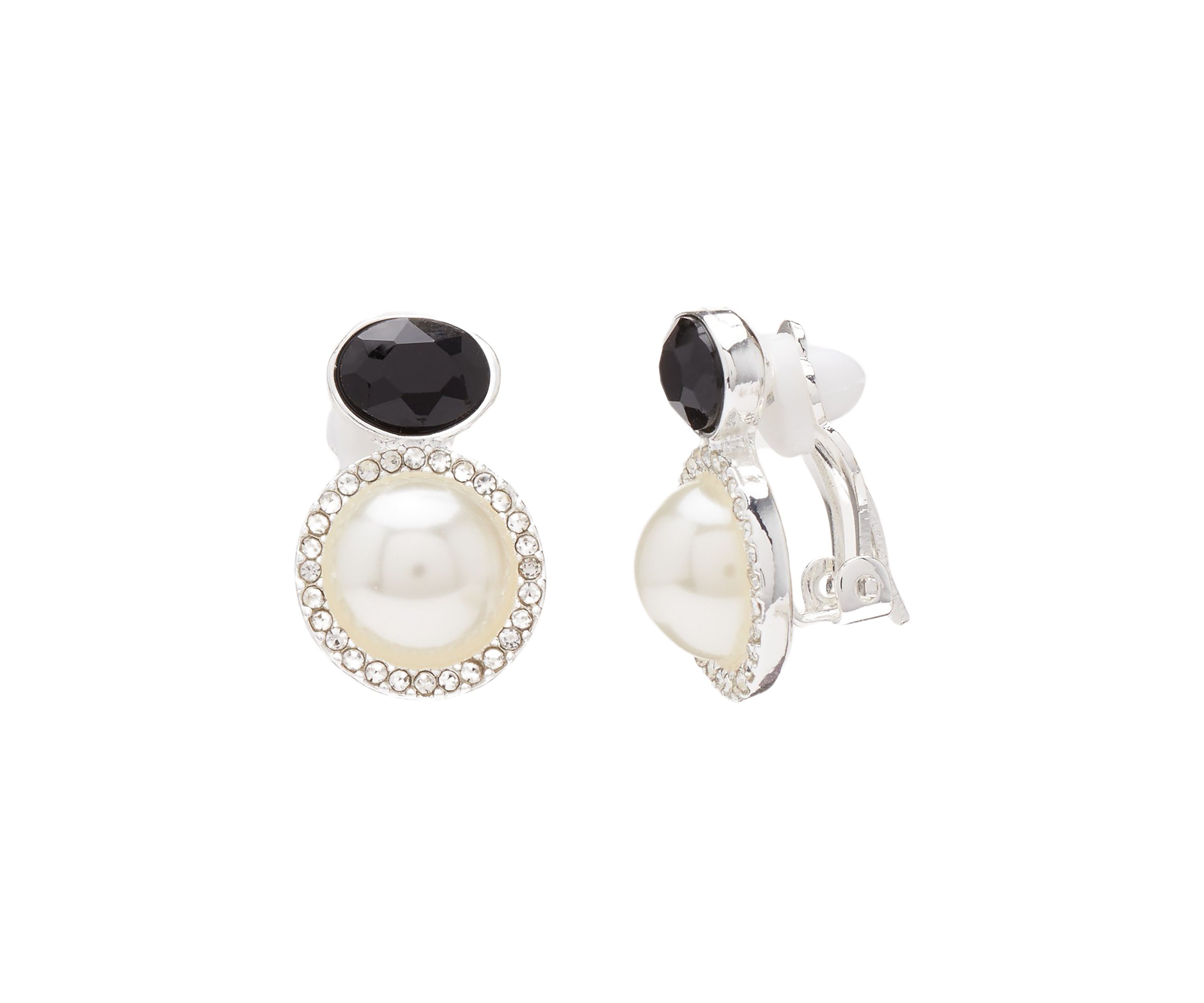 Jet Black Stone and Pearl Clip Earrings